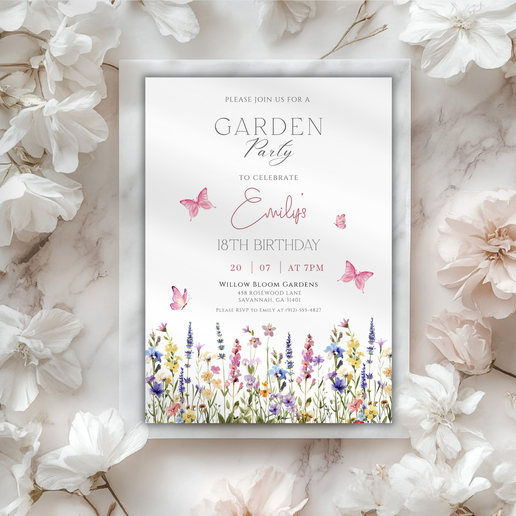 Wildflower Garden Butterfly 18th Birthday Invitation