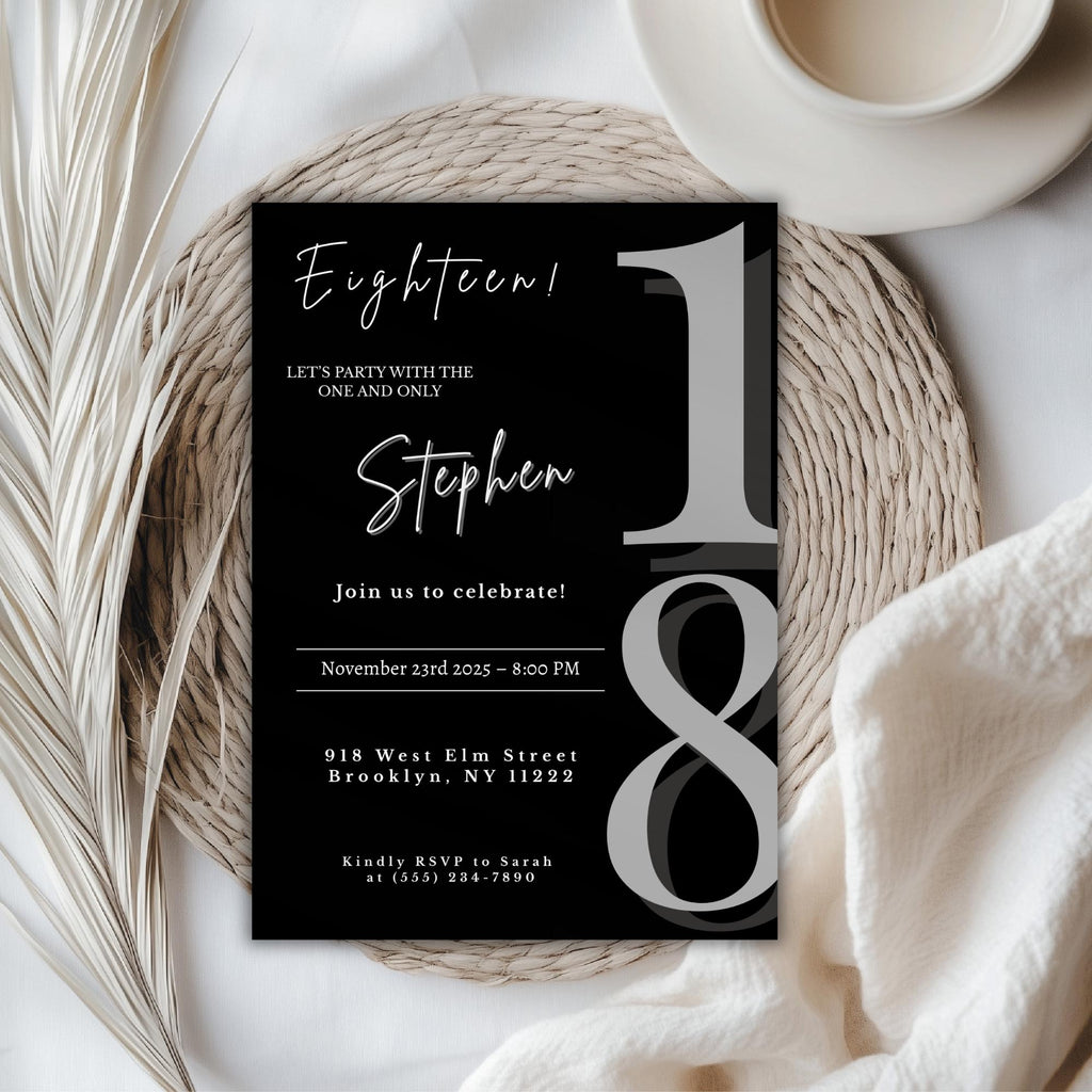 Elegant Black Minimalist 18th Birthday Invitation