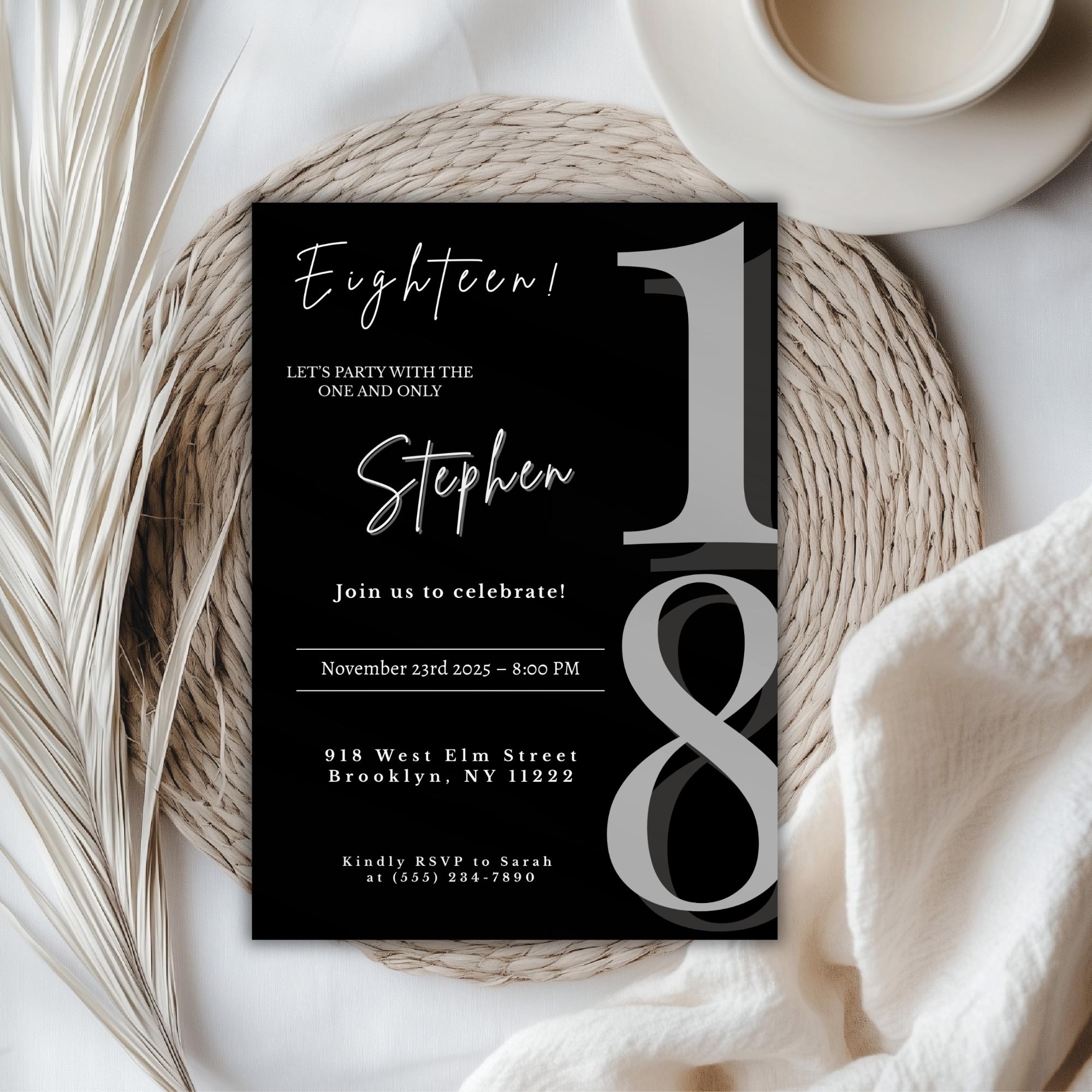 Elegant Black Minimalist 18th Birthday Invitation