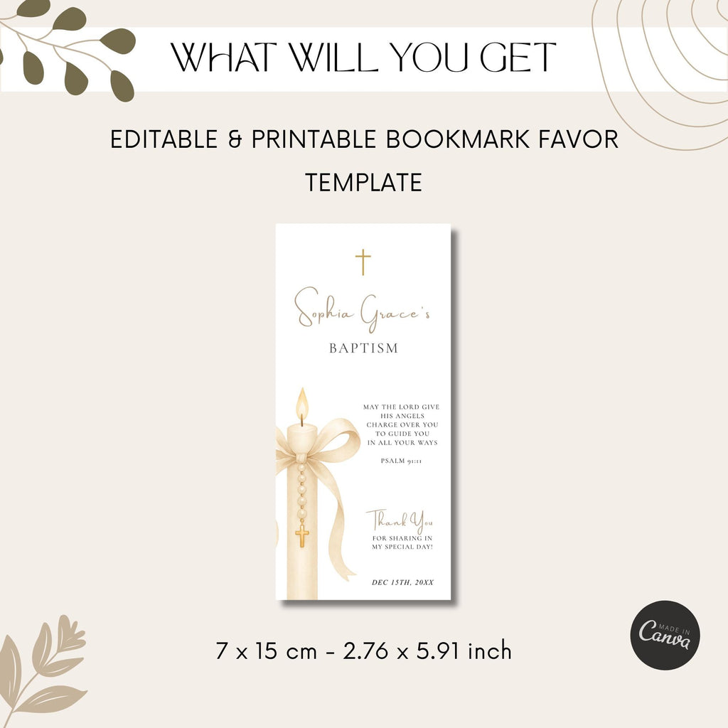 Gold Candle Baptism Bookmark Favor
