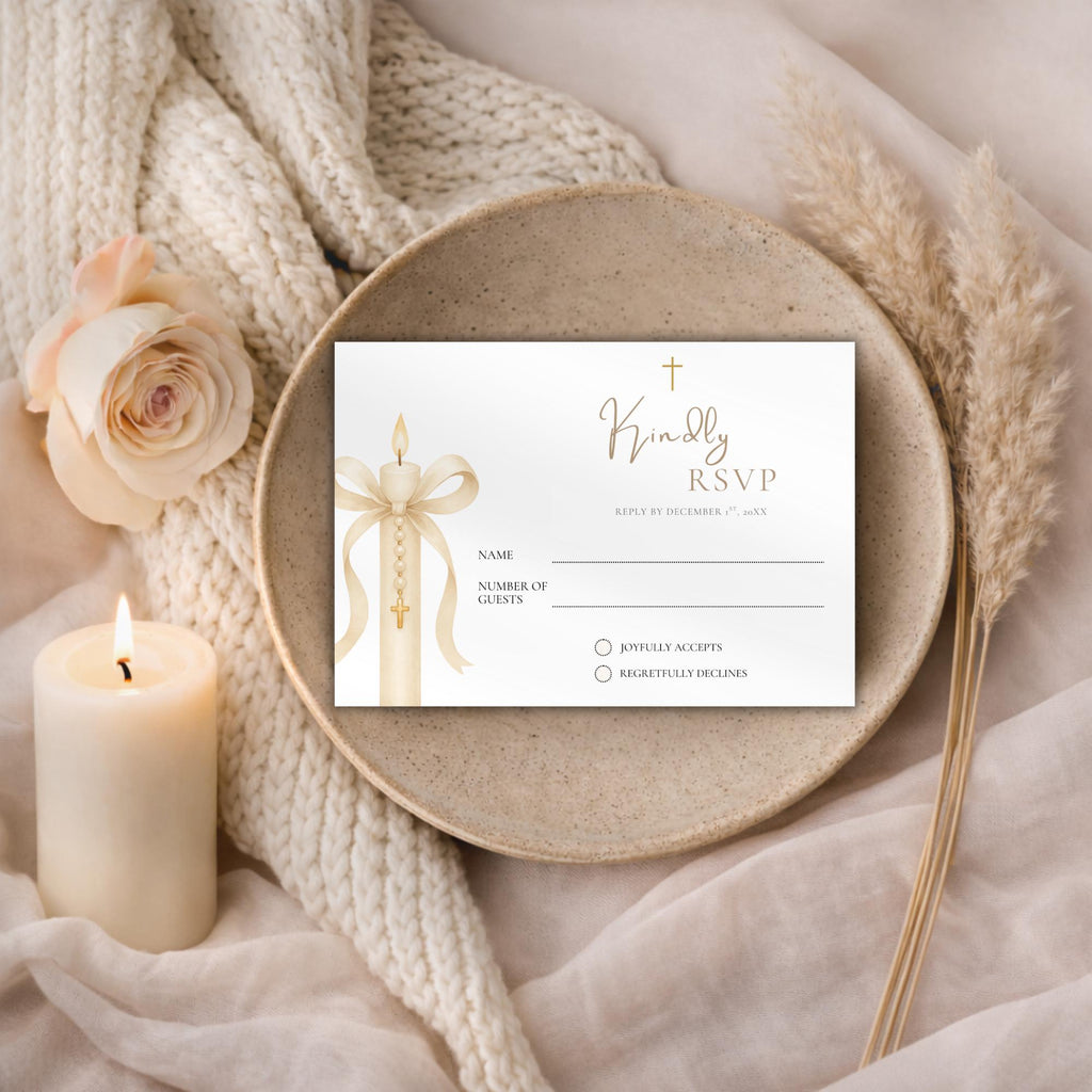 Gold Candle Baptism RSVP Card