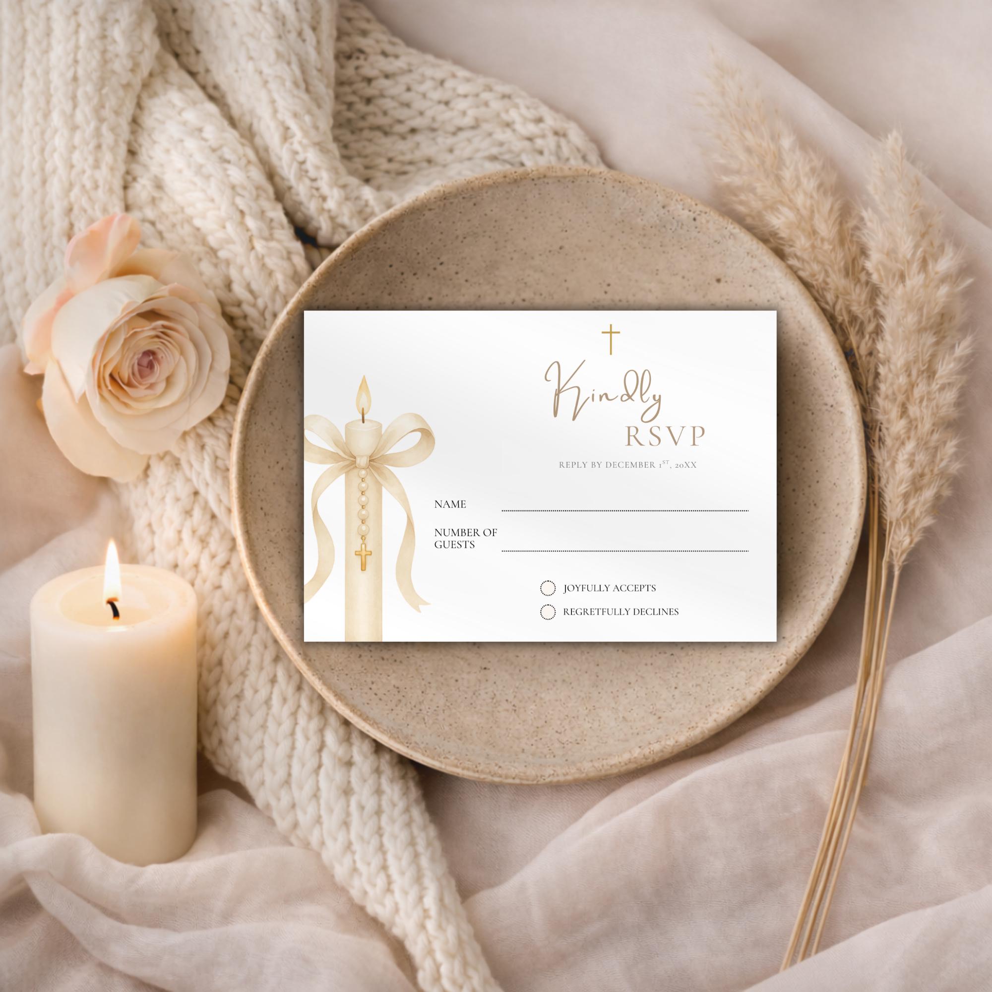 Gold Candle Baptism RSVP Card