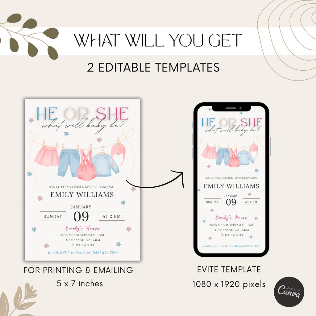 He or She Baby Clothes Gender Reveal Invitation