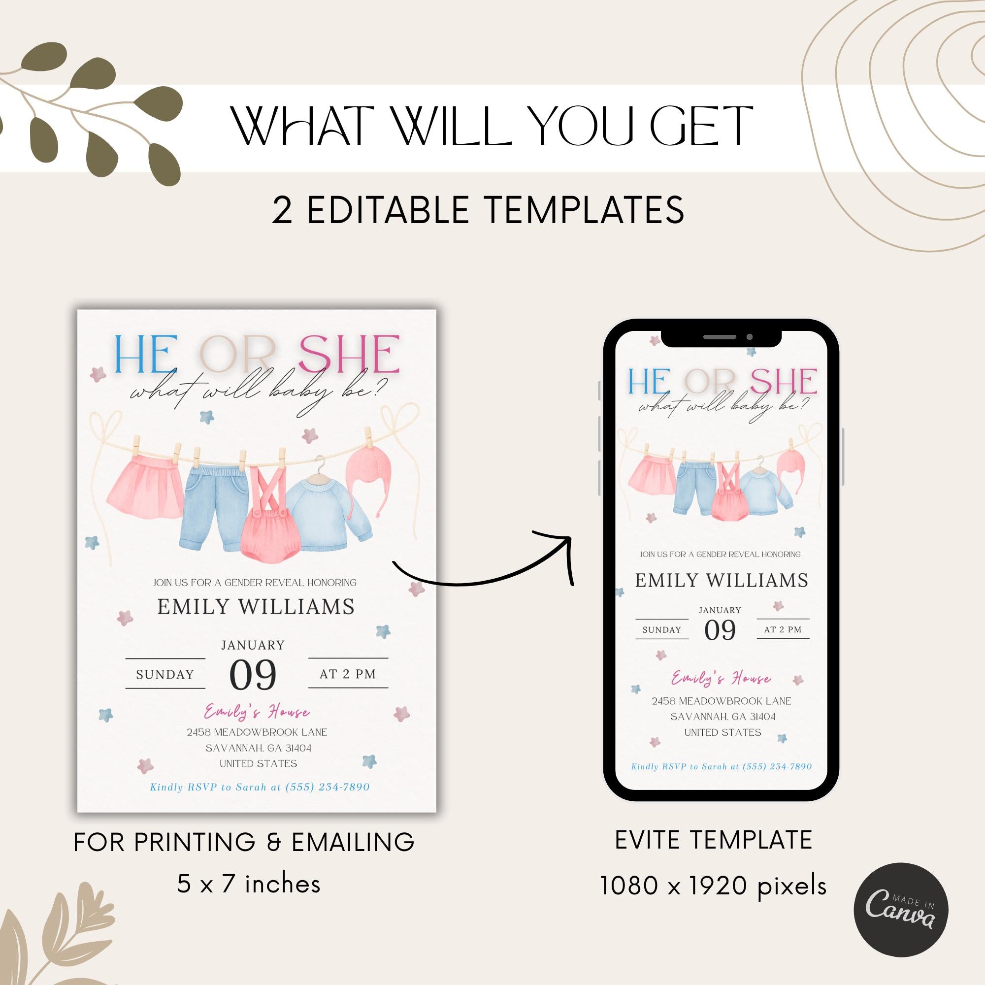 He or She Baby Clothes Gender Reveal Invitation