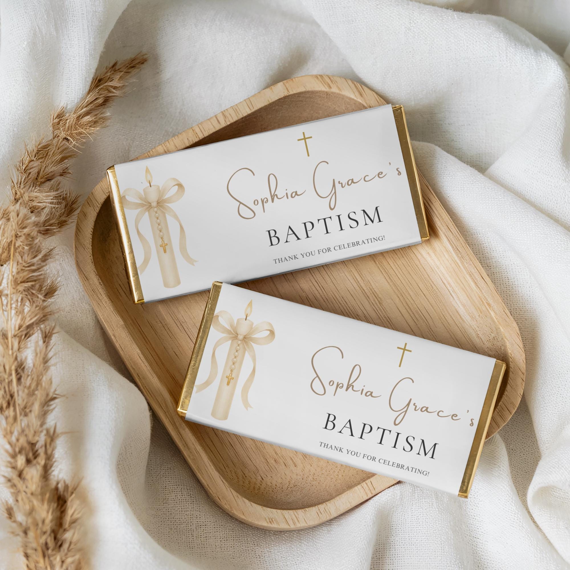 Gold Candle Baptism Chocolate Bar Wrapper