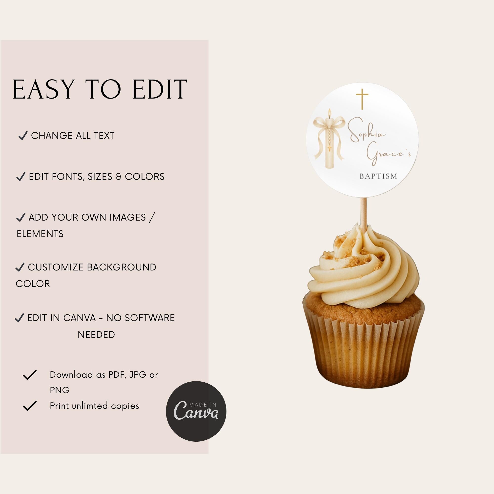 Gold Candle Baptism Cupcake Toppers