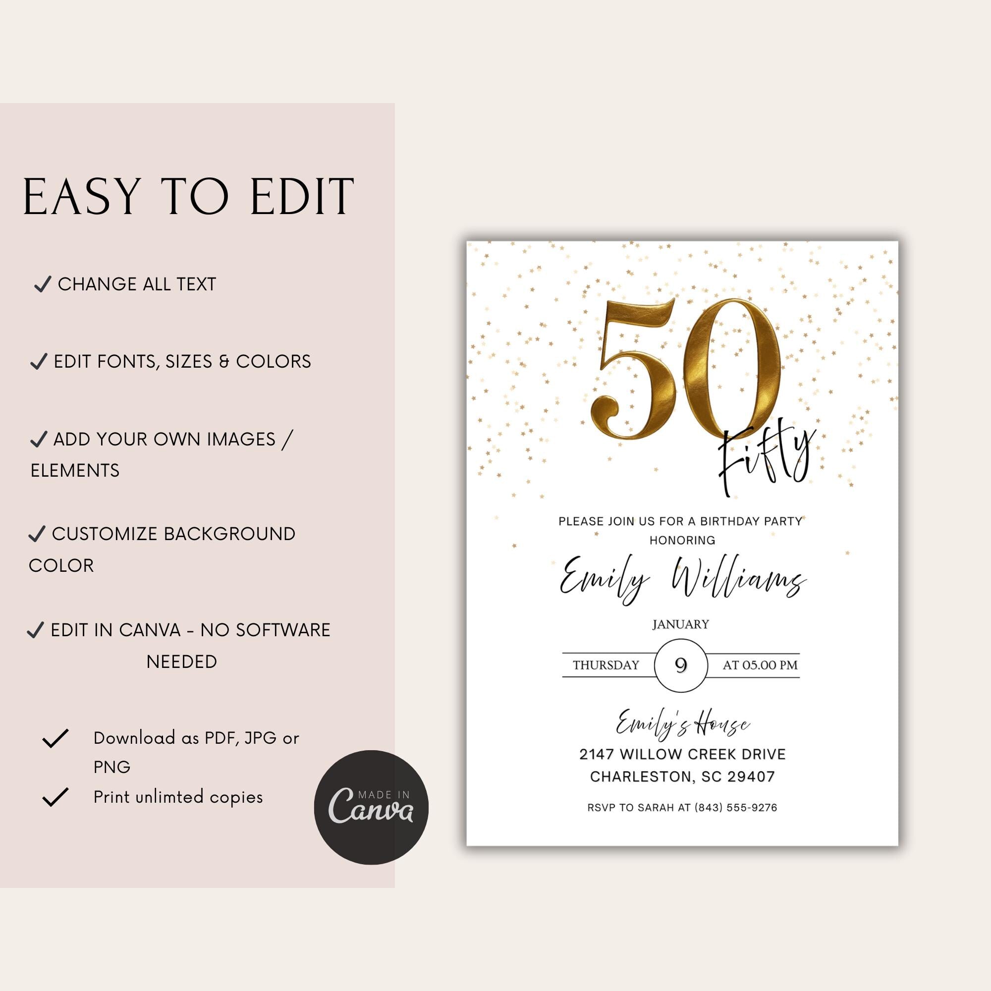 Minimal Gold Confetti 50th Birthday Invitation