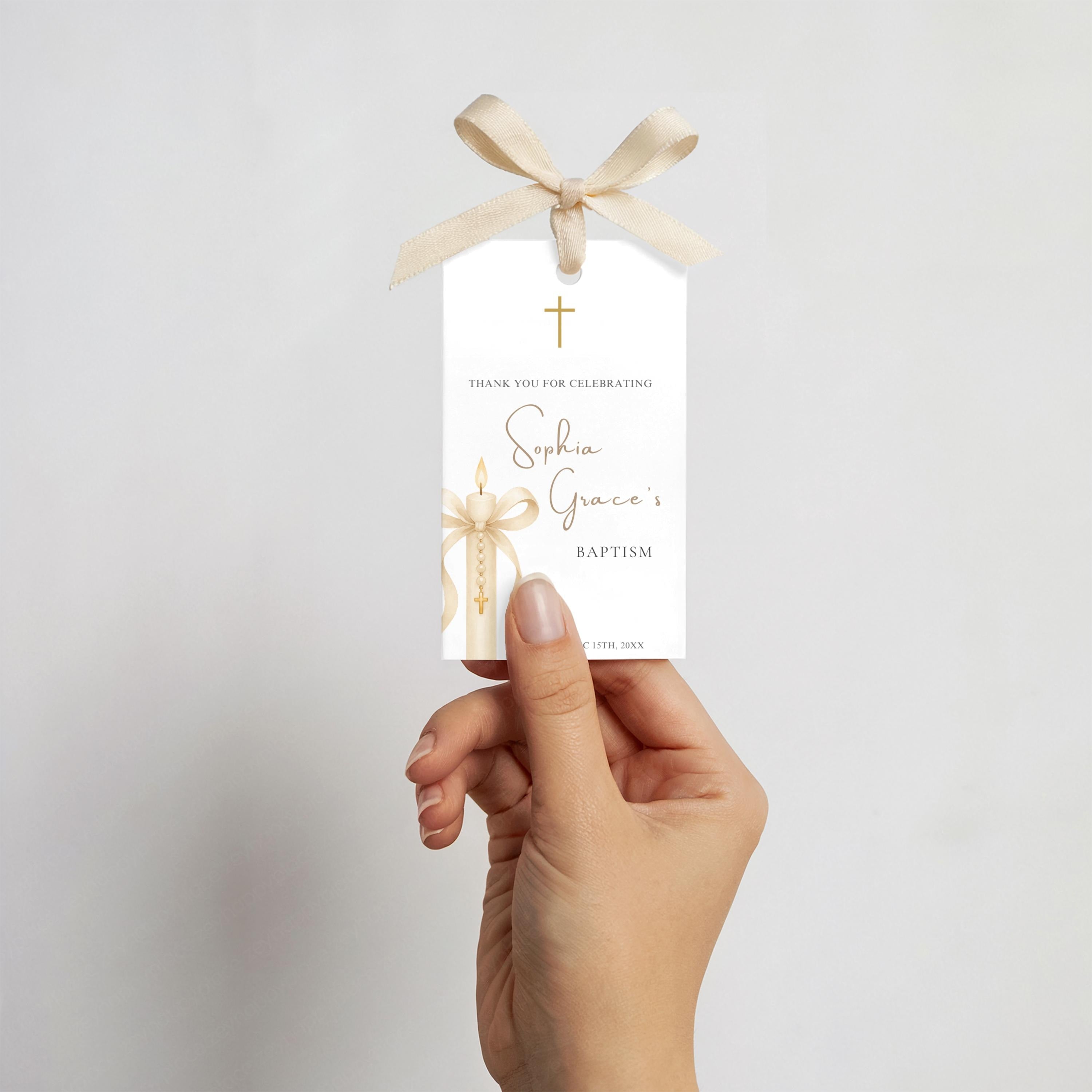 Gold Candle Baptism Favor Tags