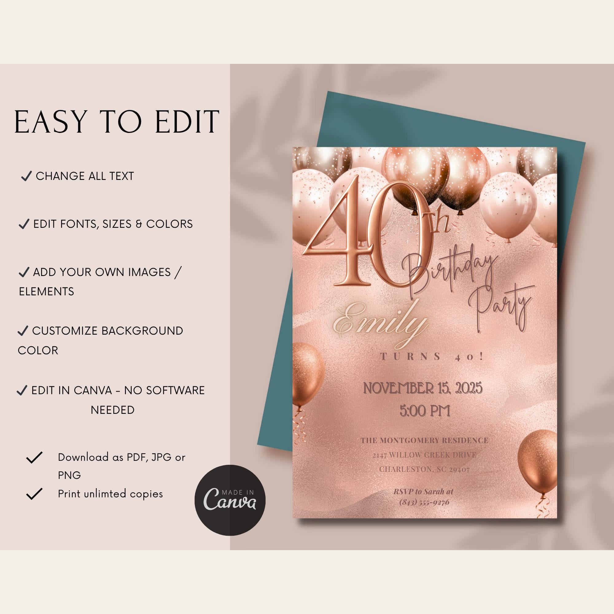 Rose Gold Balloon Birthday Invitation