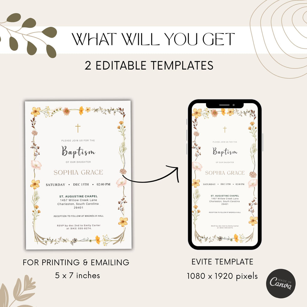 Elegant Wildflower Baptism Invitation with Cross
