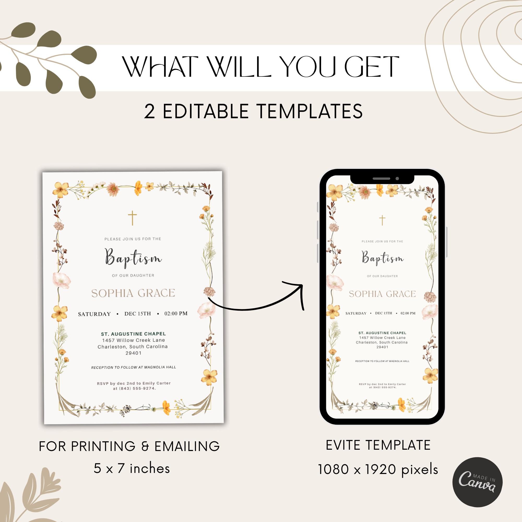 Elegant Wildflower Baptism Invitation with Cross