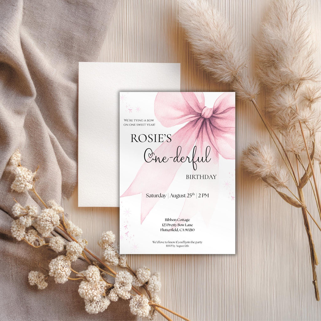 Pink Bow First Birthday Invitation