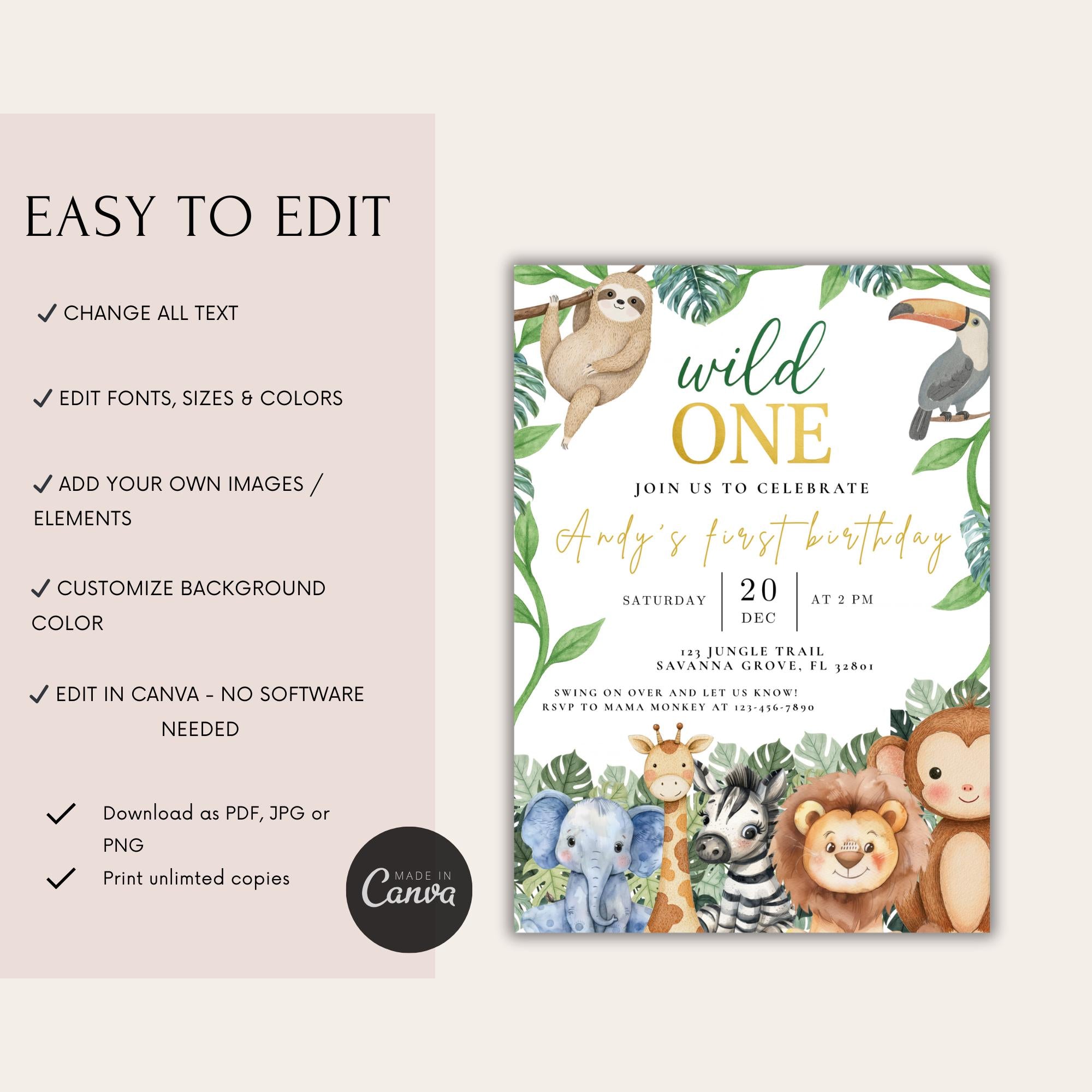 Wild One Safari Birthday Invitation