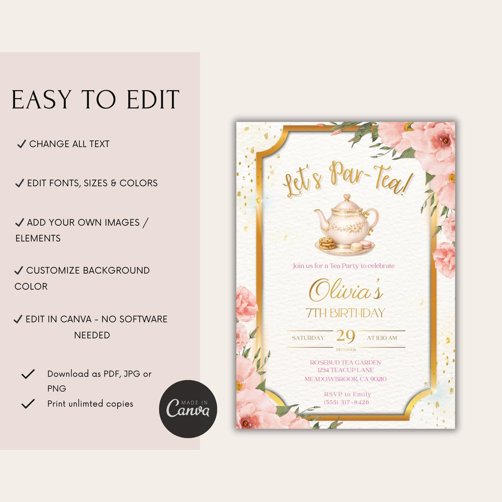 Elegant Gold Floral Tea Party Kids Birthday Invitation