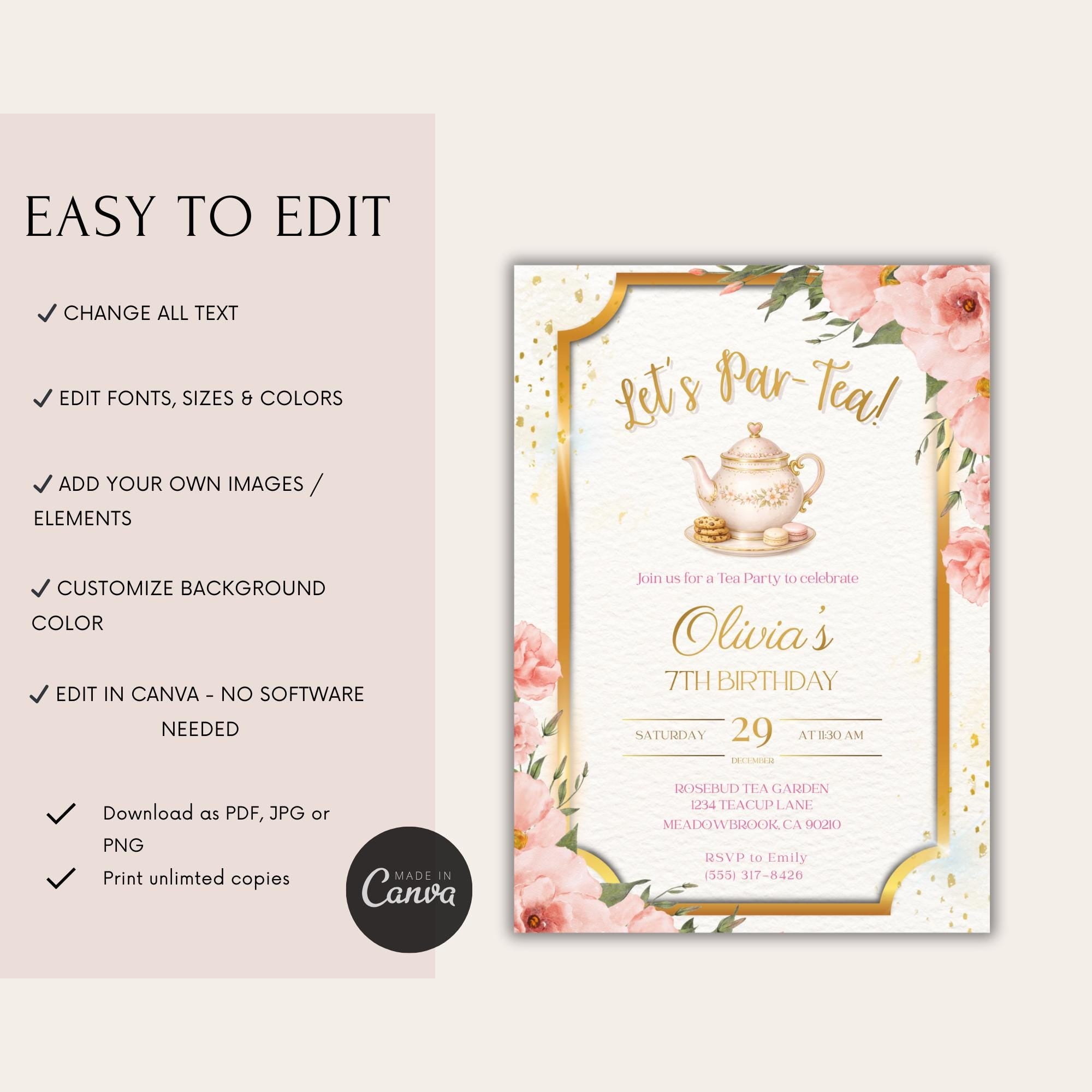 Elegant Gold Floral Tea Party Kids Birthday Invitation