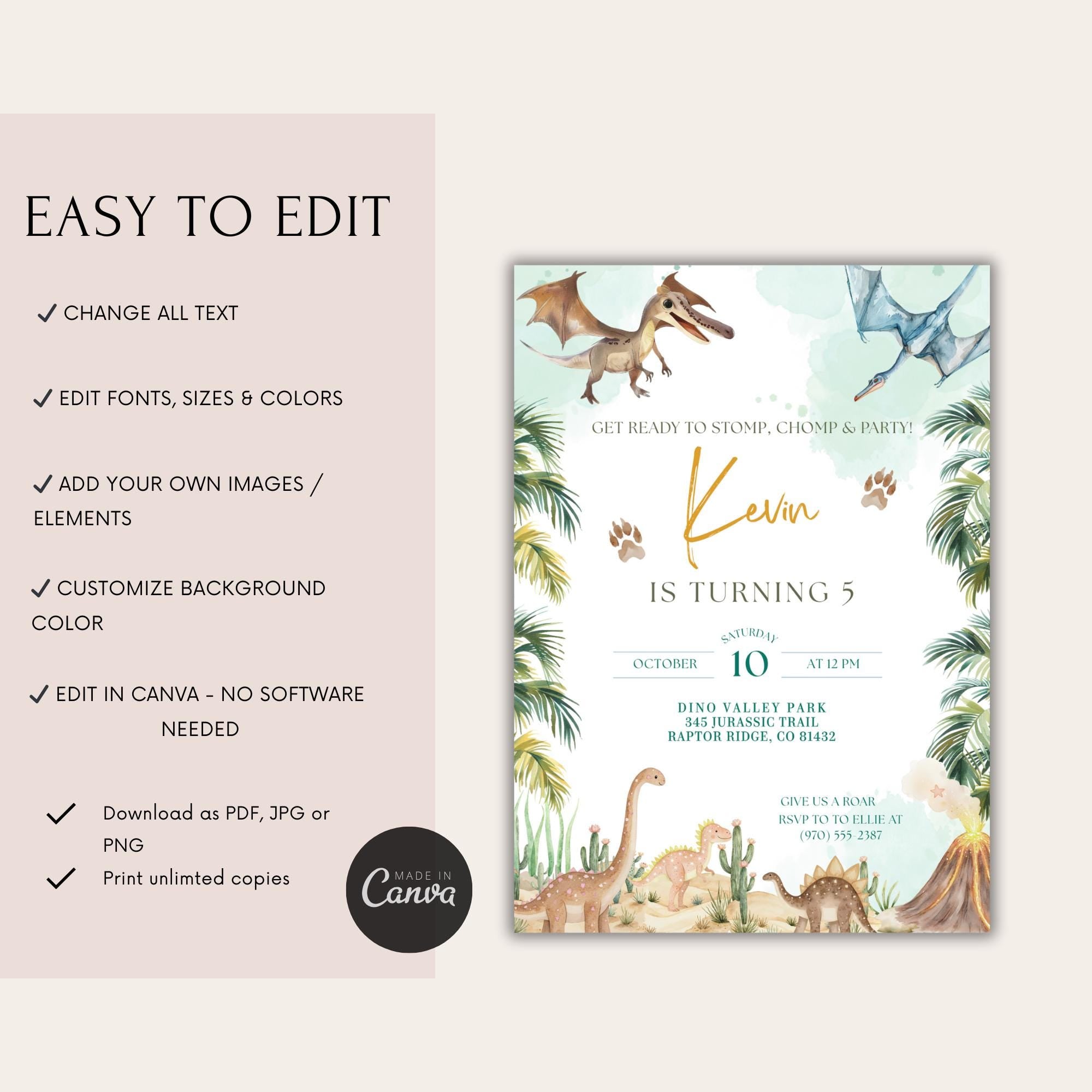 Watercolor Dinosaur Kids Birthday Invitation