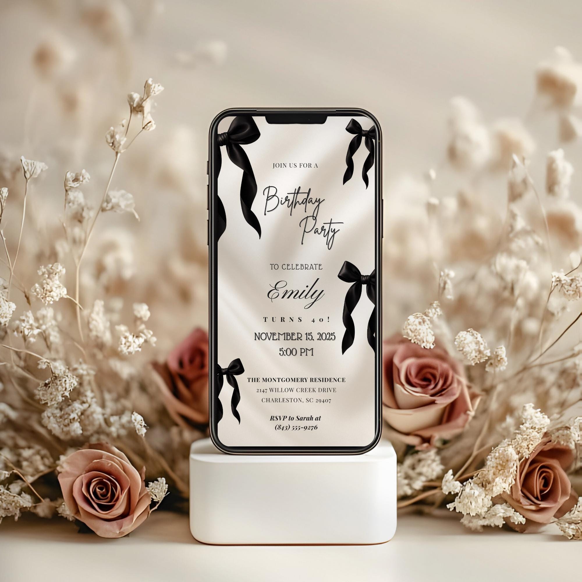 Elegant Black Bow 40th Birthday Invitation