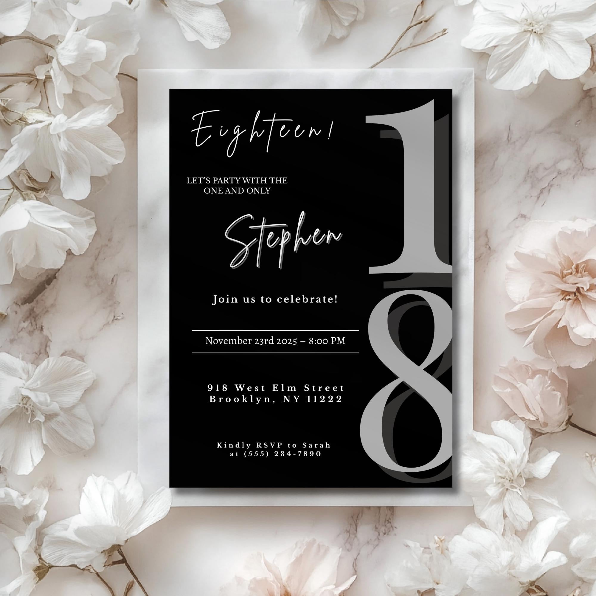 Elegant Black Minimalist 18th Birthday Invitation