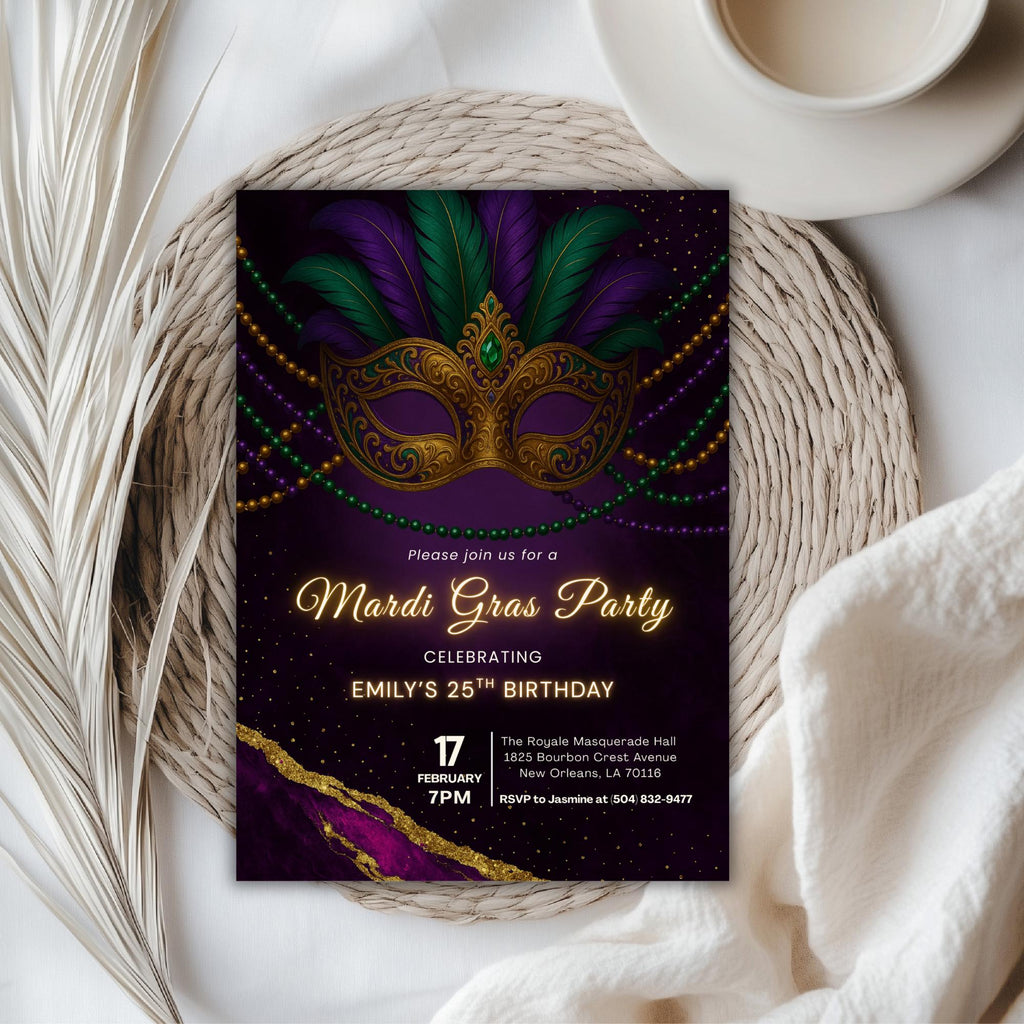 Mardi Gras Mask Birthday Party Invitation