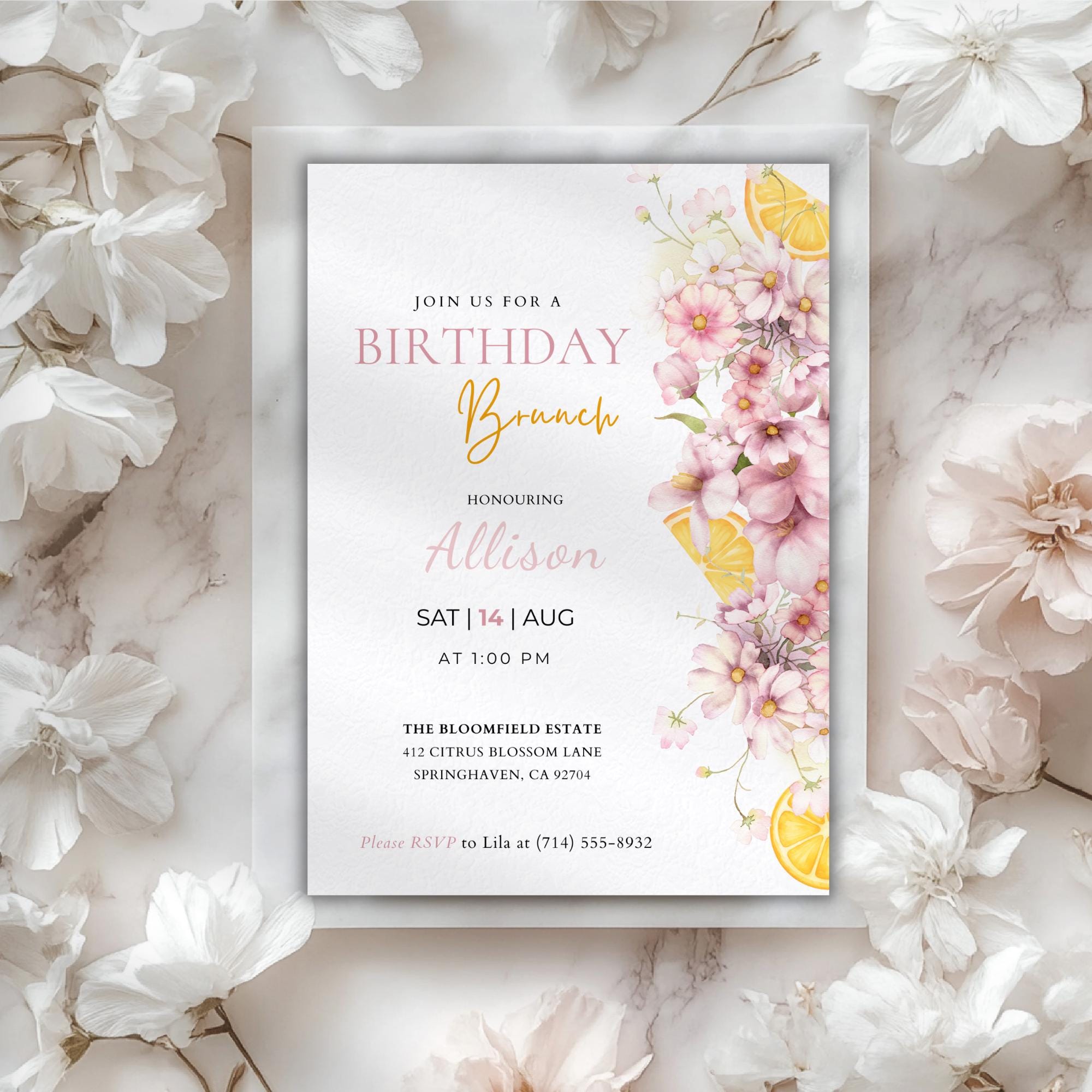 Watercolor Floral Citrus Birthday Brunch Invitation