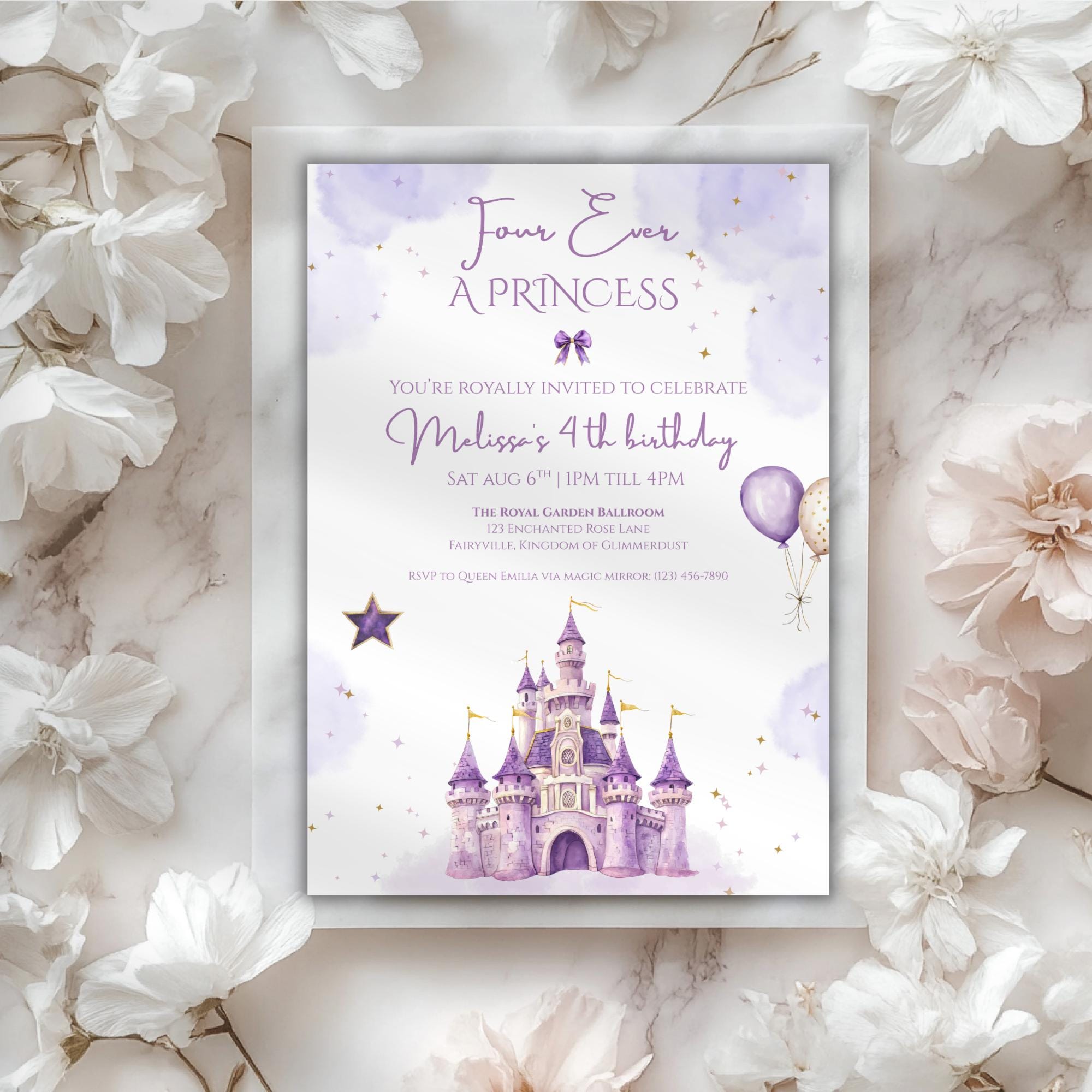 Purple Watercolor Princess Castle Birthday Invitation