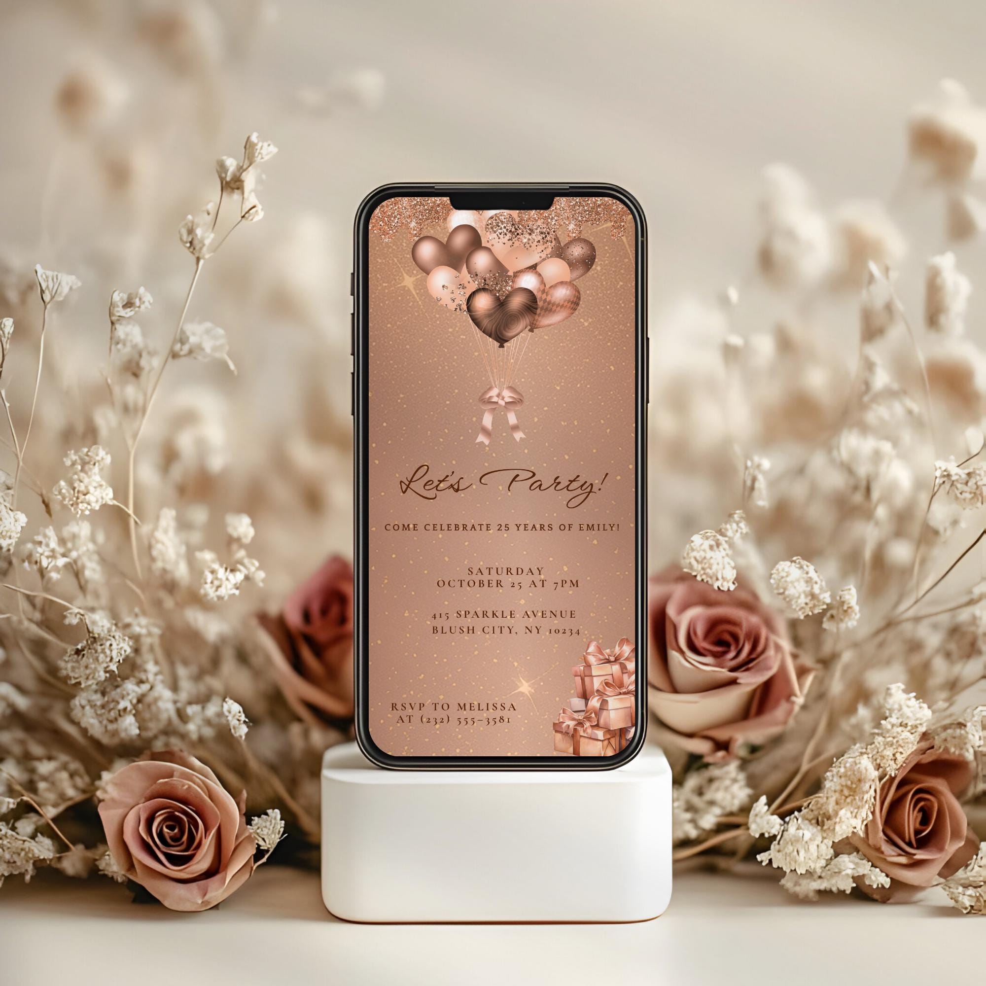 Rose Gold Balloon Elegant Birthday Invitation