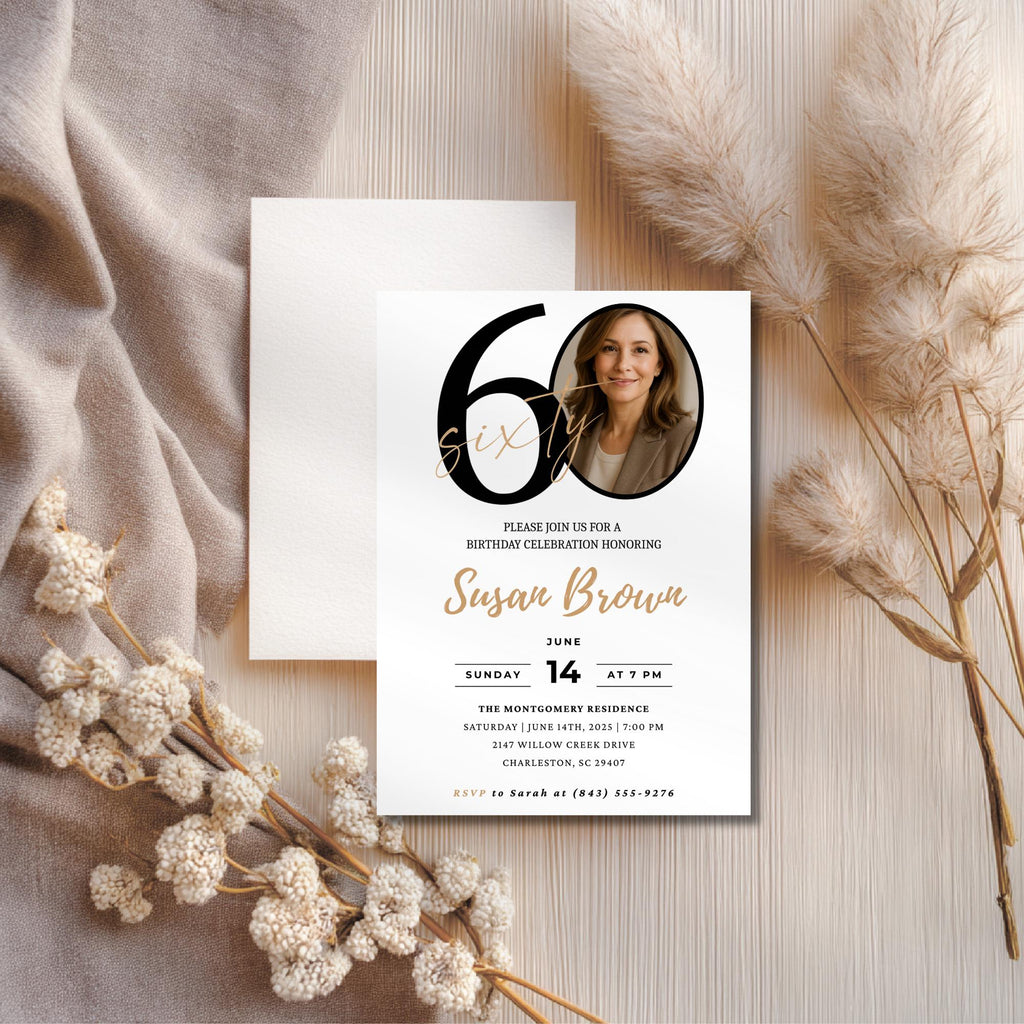 Modern 60th Birthday Invitation with Photo Number