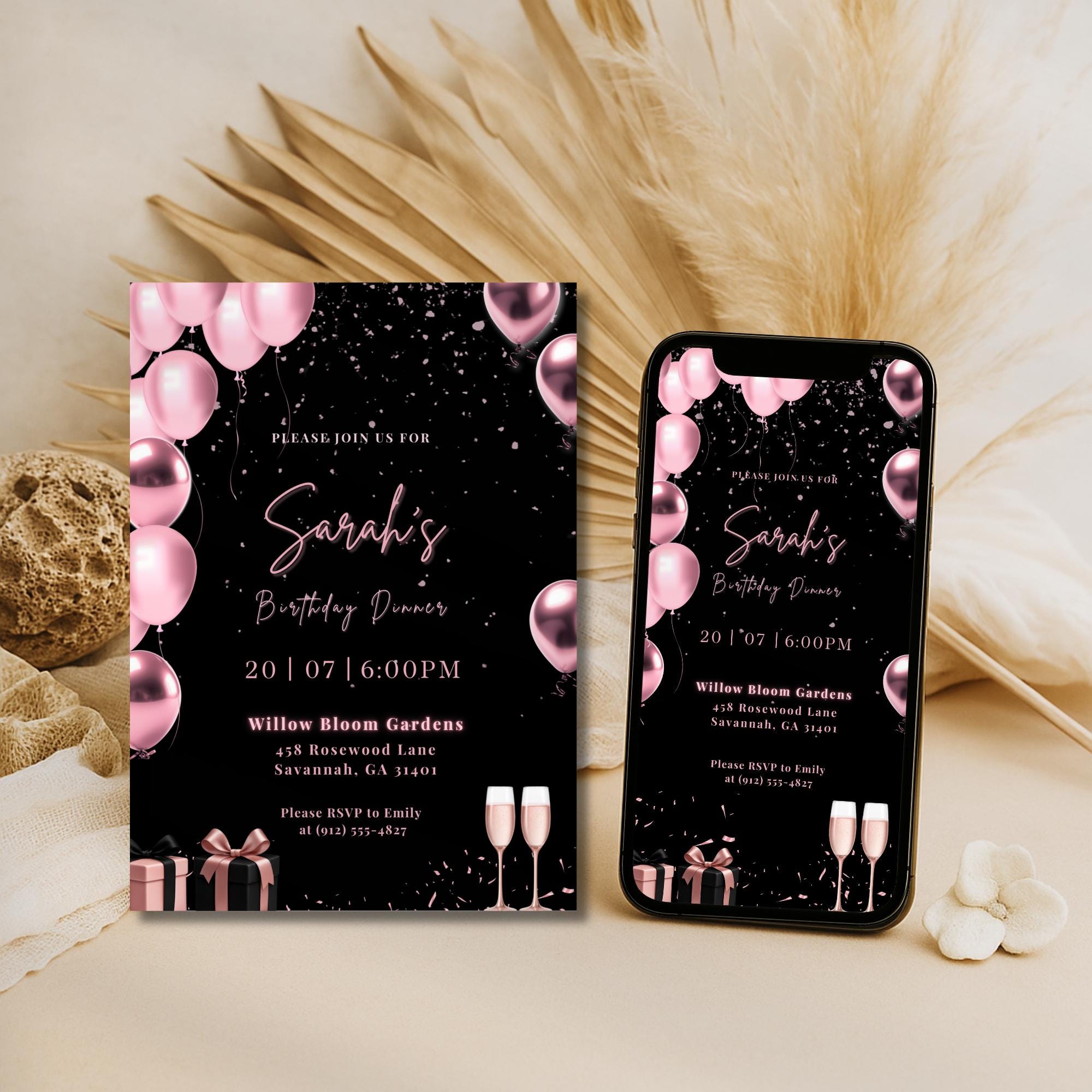 Rose Gold & Pink Balloon Birthday Dinner Invitation