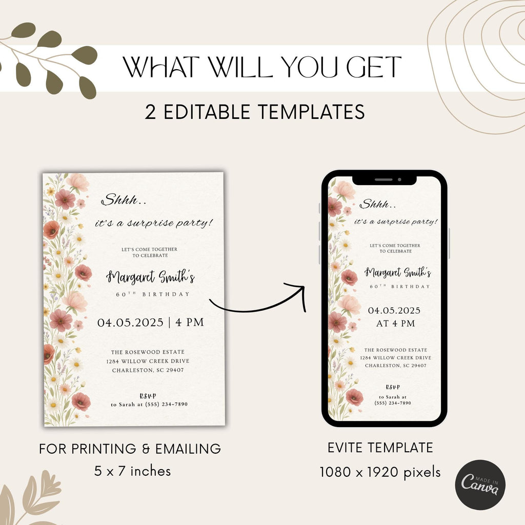 Elegant Wildflower Surprise Birthday Invitation
