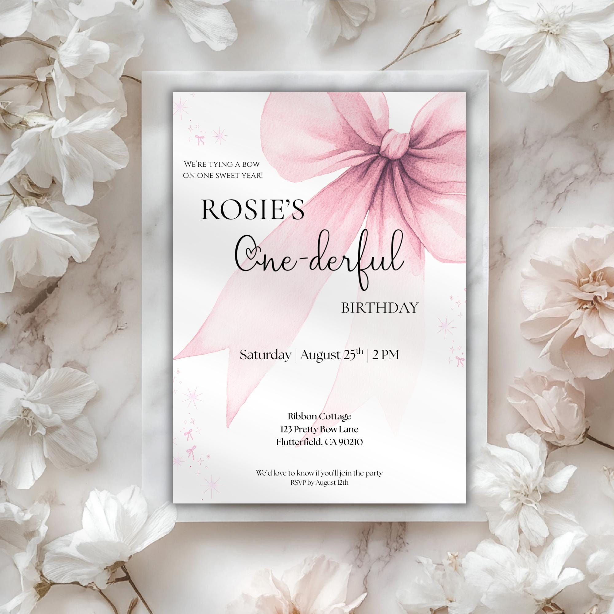 Pink Bow First Birthday Invitation