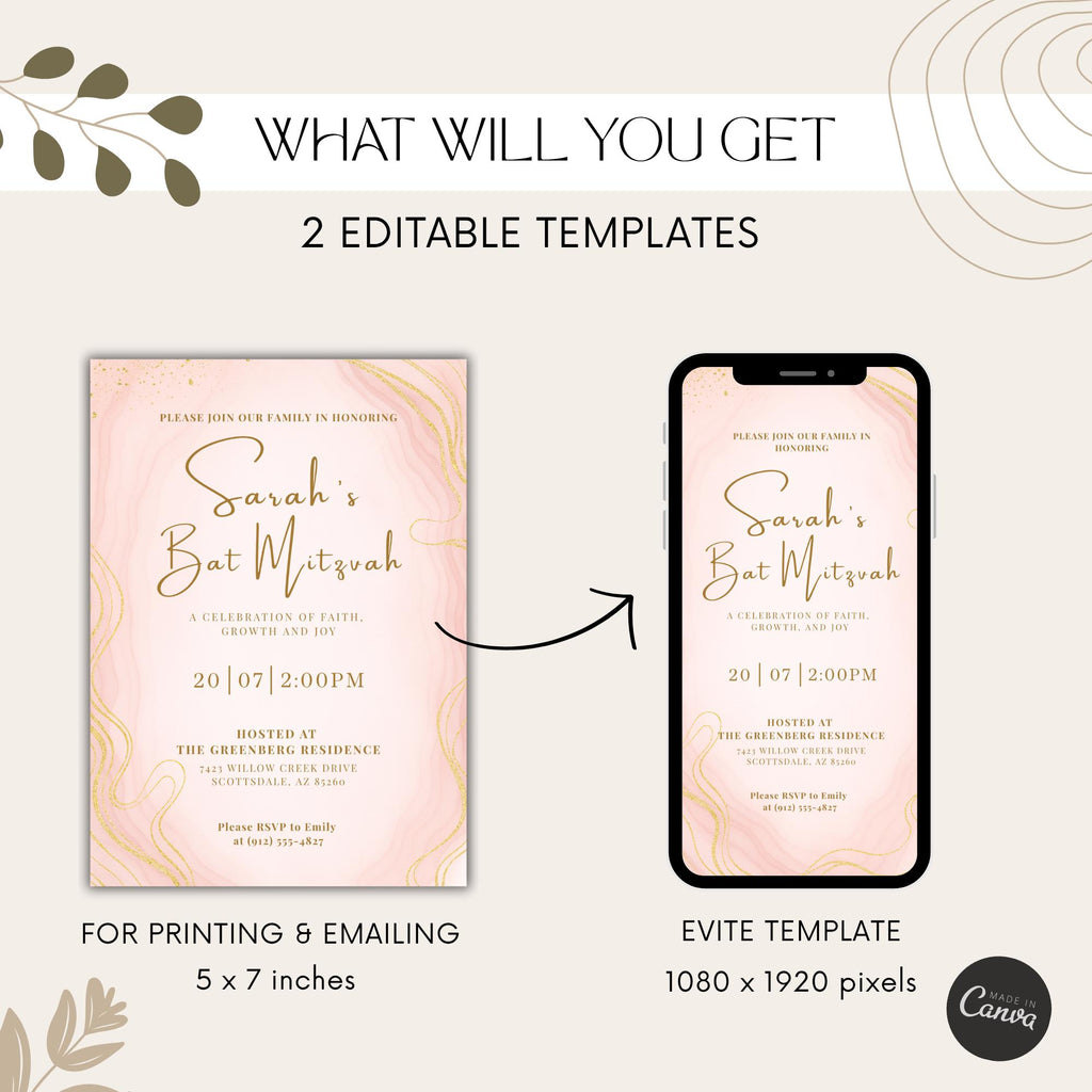 Pink Gold Bat Mitzvah Invitation