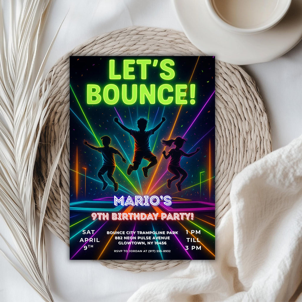 Neon Trampoline Park Kids Birthday Invitation