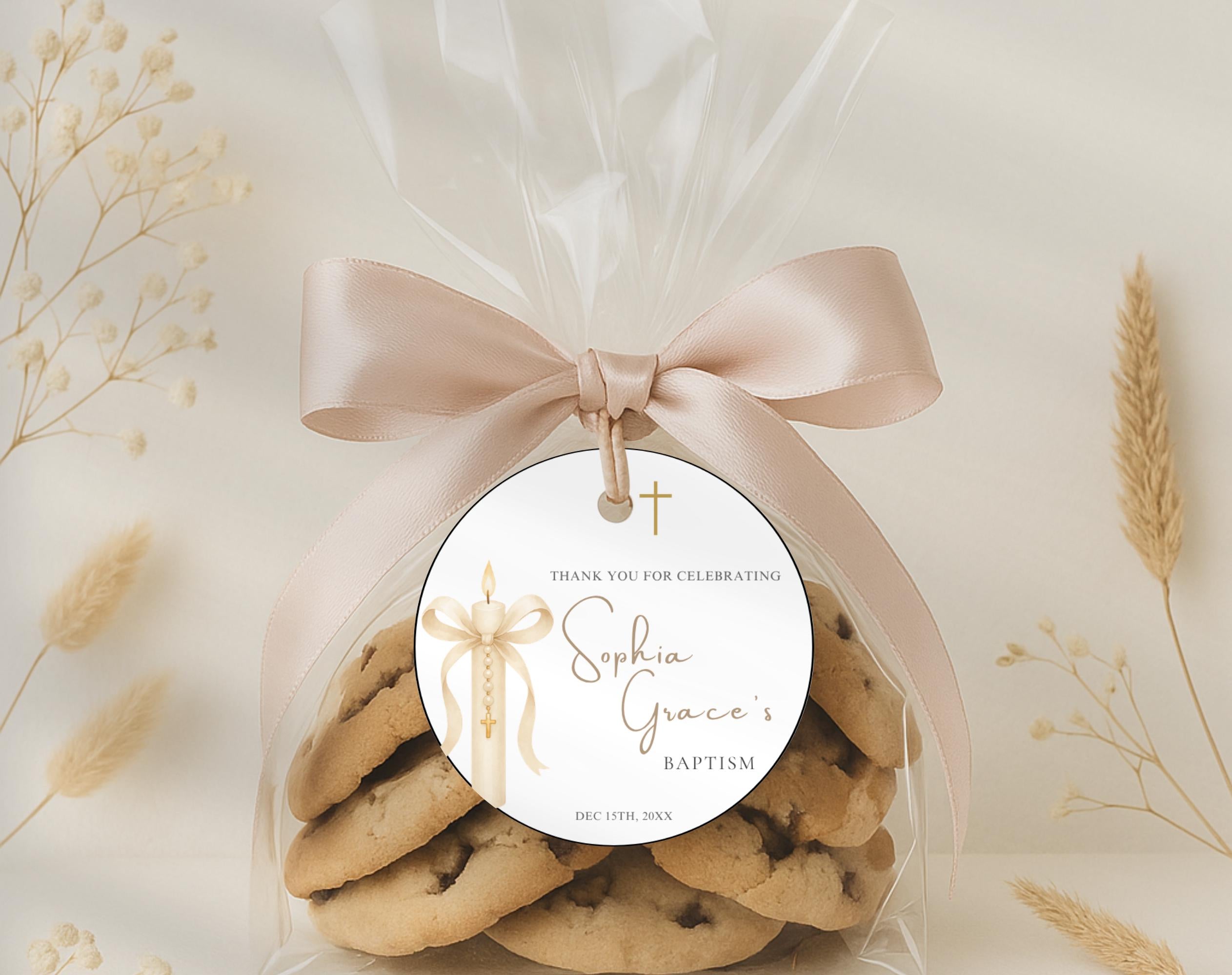 Gold Candle Baptism Favor Tags