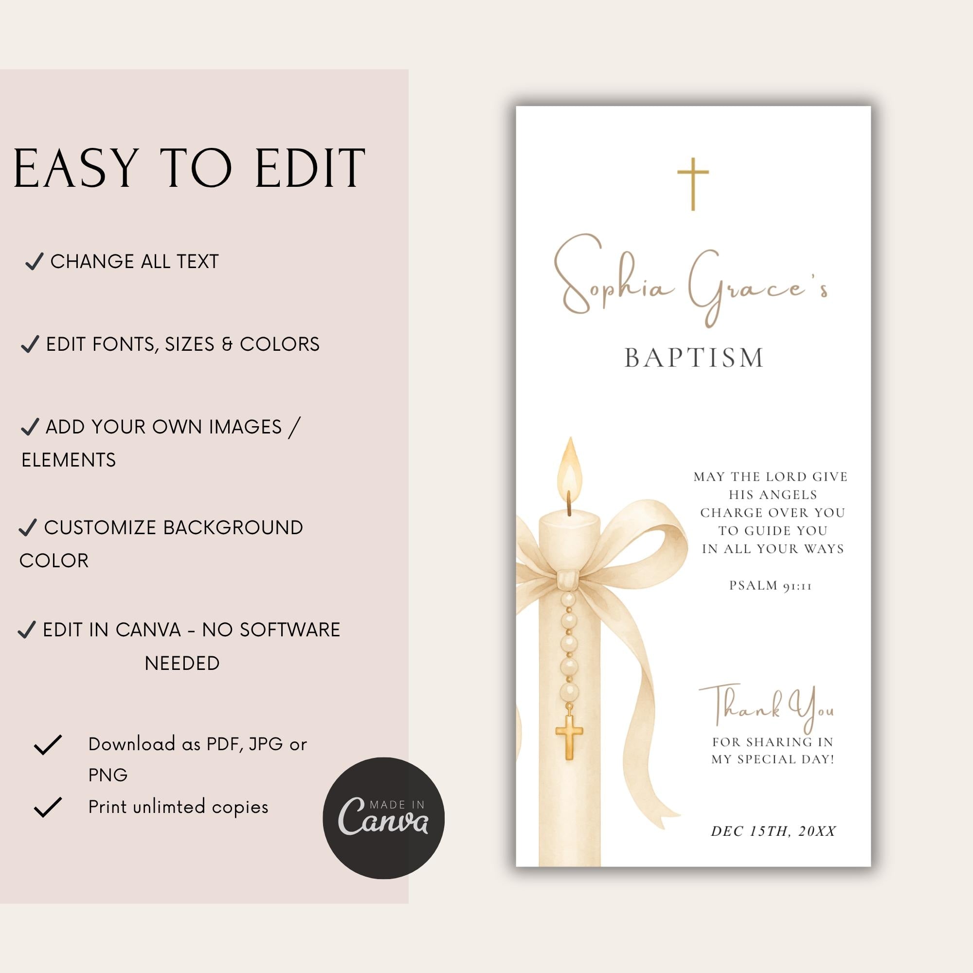 Gold Candle Baptism Bookmark Favor