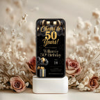 Elegant Black Gold Balloon 50th Birthday Invitation
