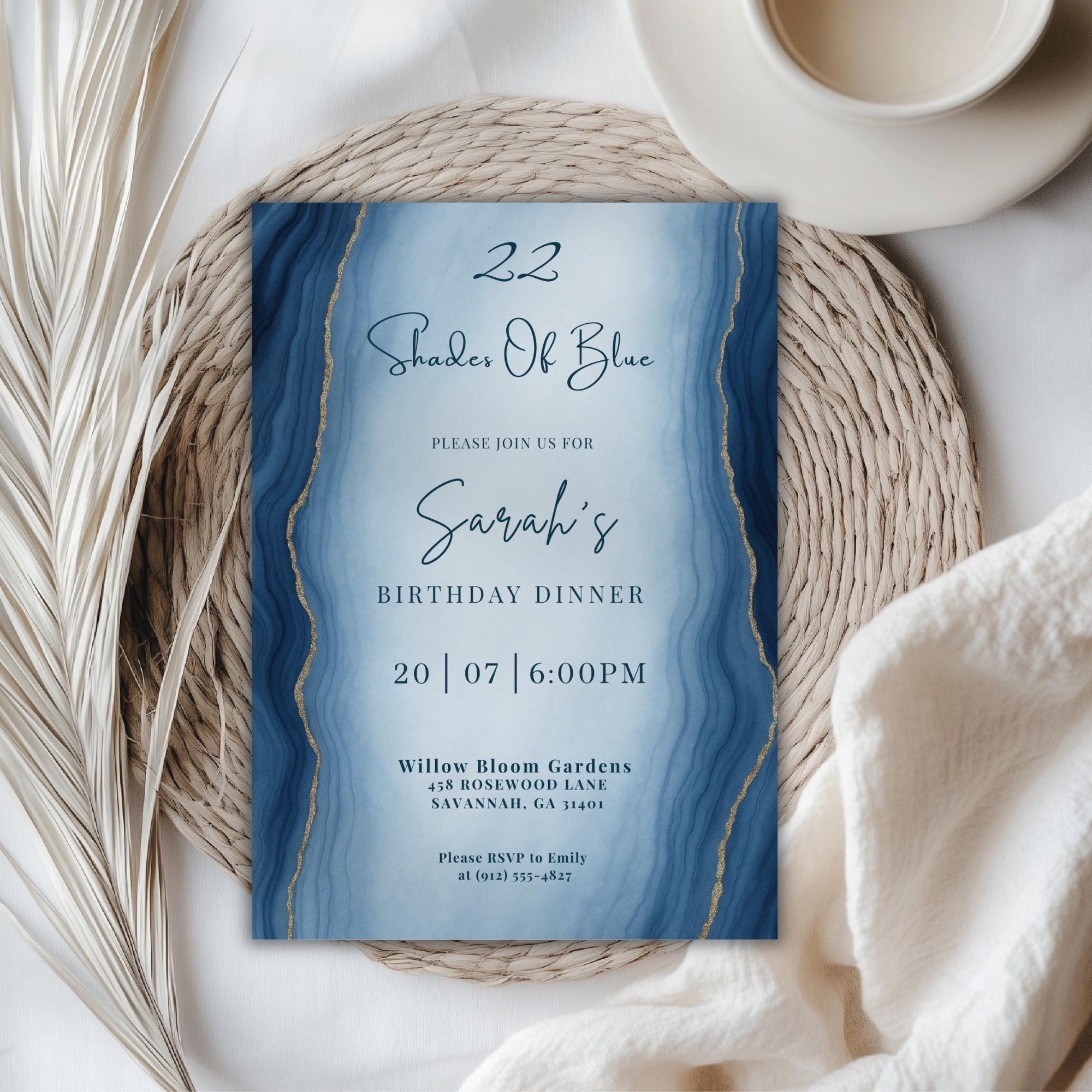 Elegant Blue Marble Watercolor Birthday Dinner Invitation