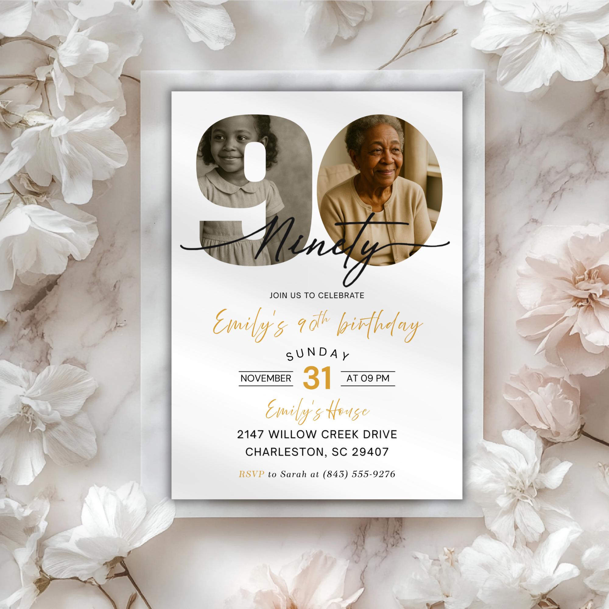 Modern 90th Birthday Photo Invitation