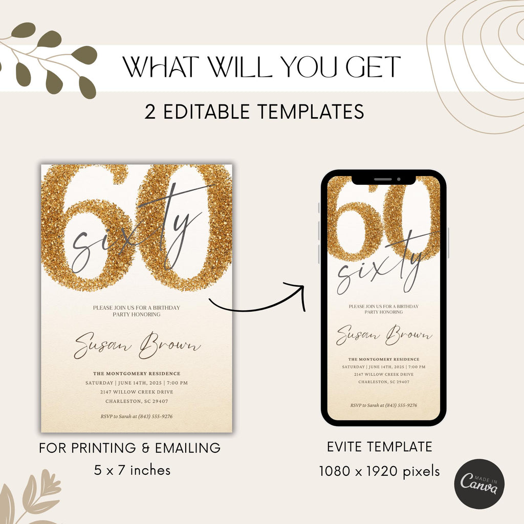 Elegant Gold Glitter Sixty 60th Birthday Invitation