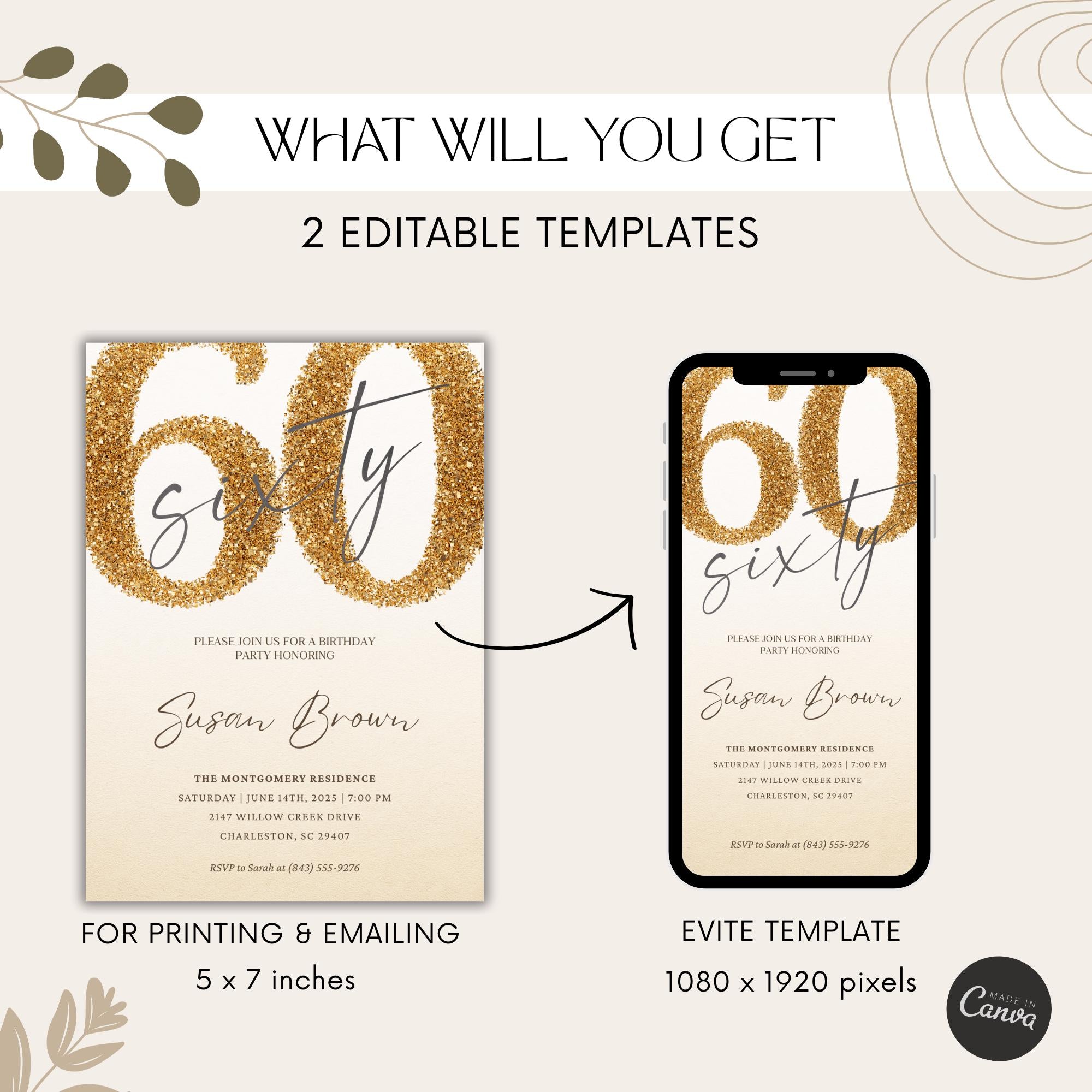 Elegant Gold Glitter Sixty 60th Birthday Invitation