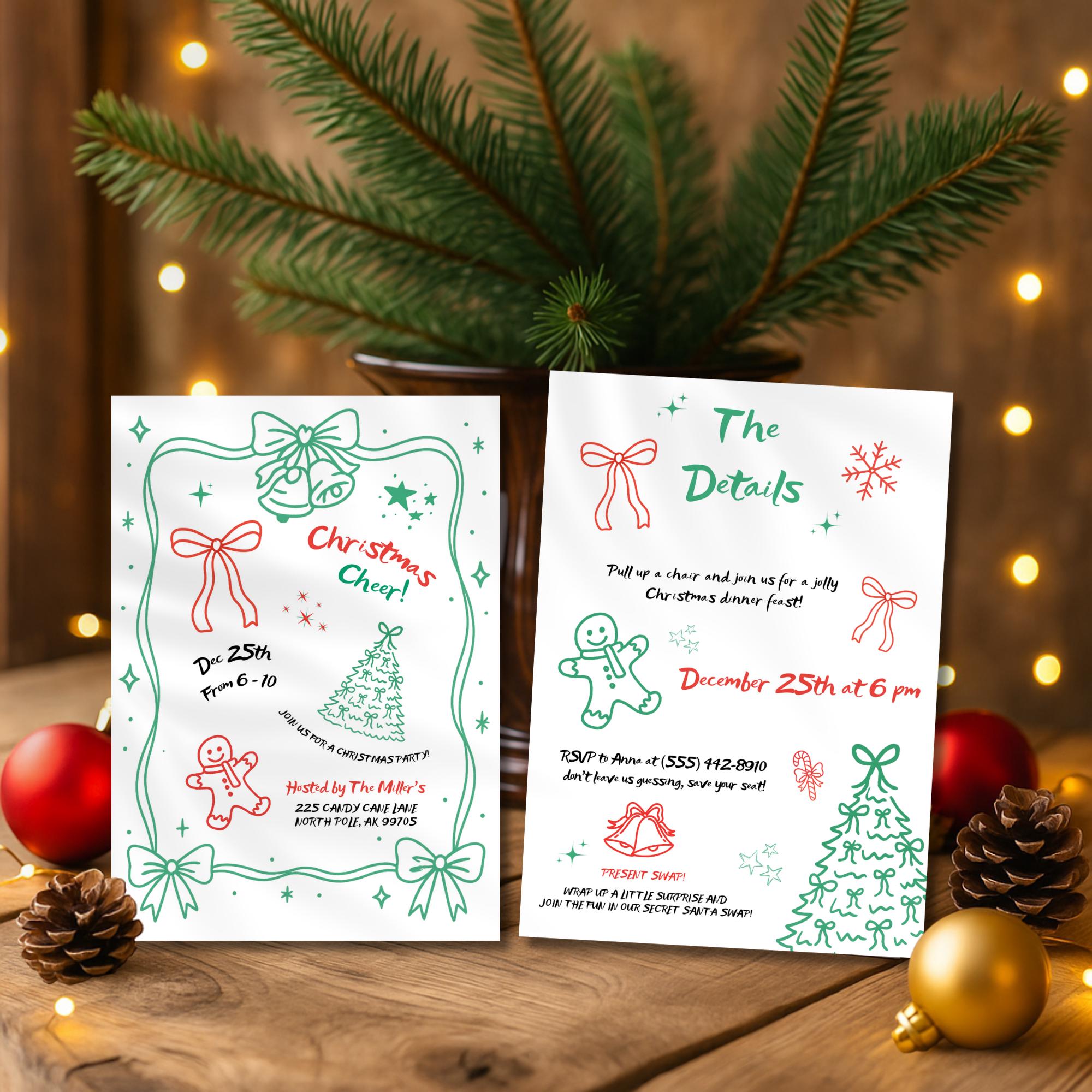 Hand Drawn Red & Green Christmas Invitation