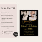 Black & Gold 75th Birthday Invitation with Photo Number