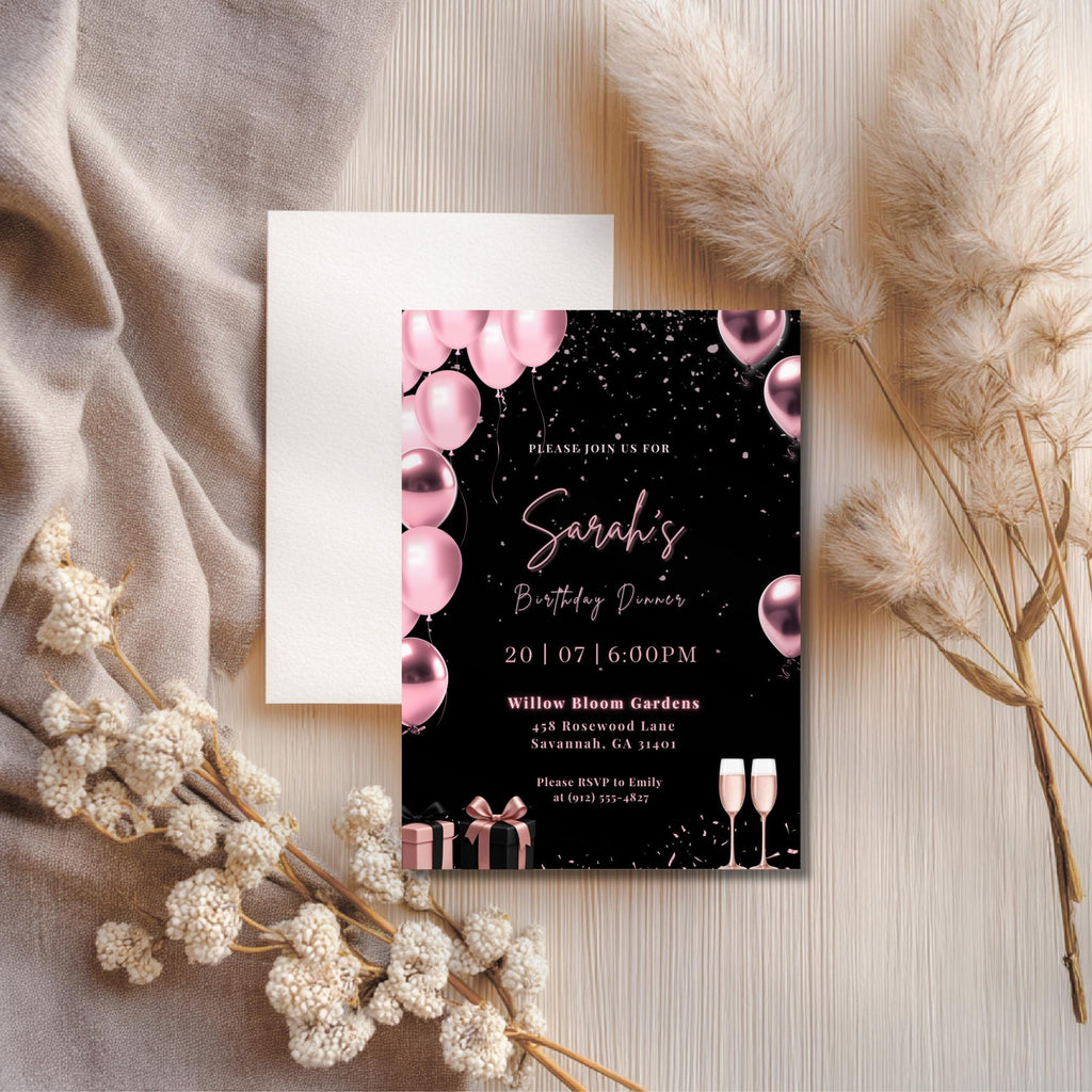 Rose Gold & Pink Balloon Birthday Dinner Invitation