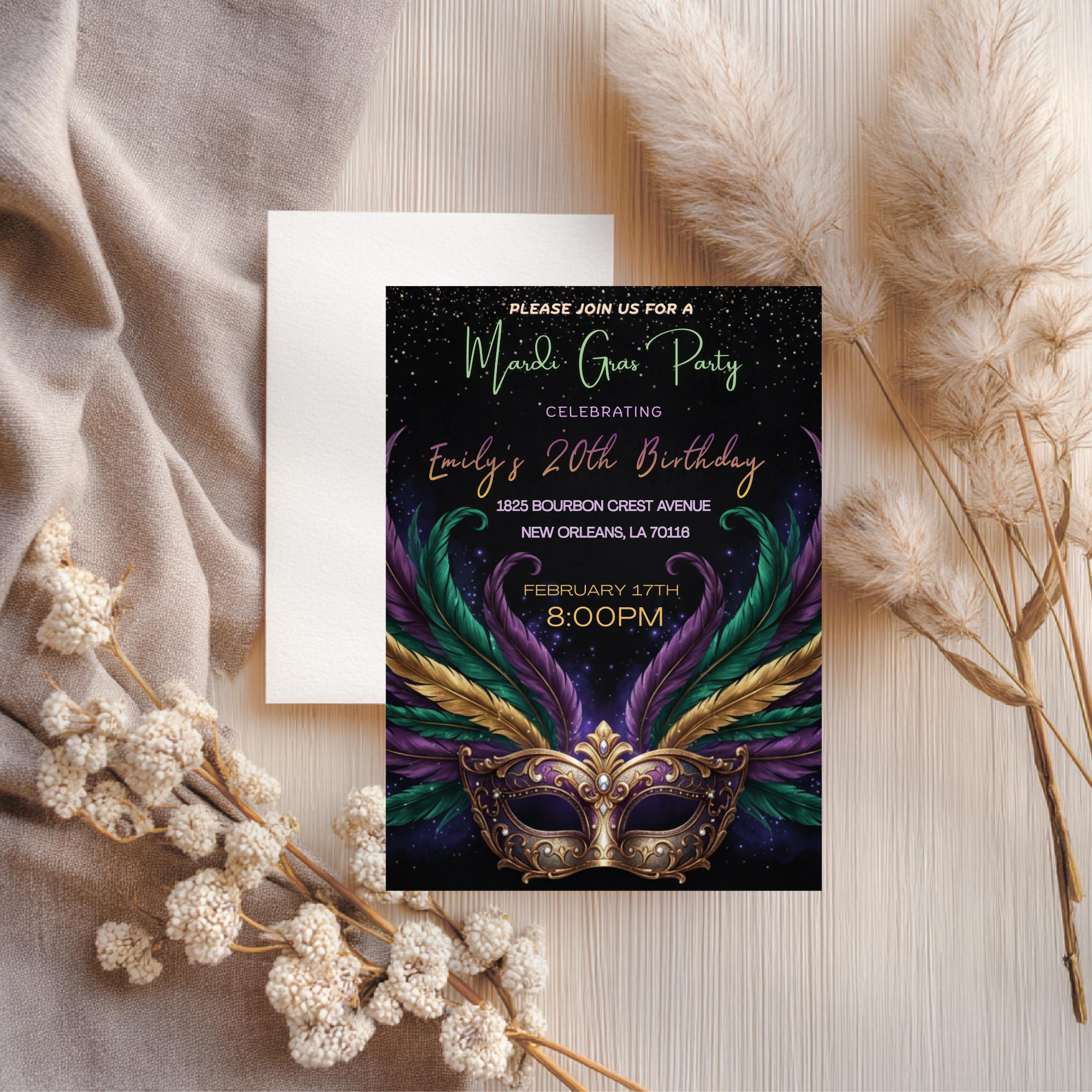Mardi Gras Feather Mask Birthday Invitation