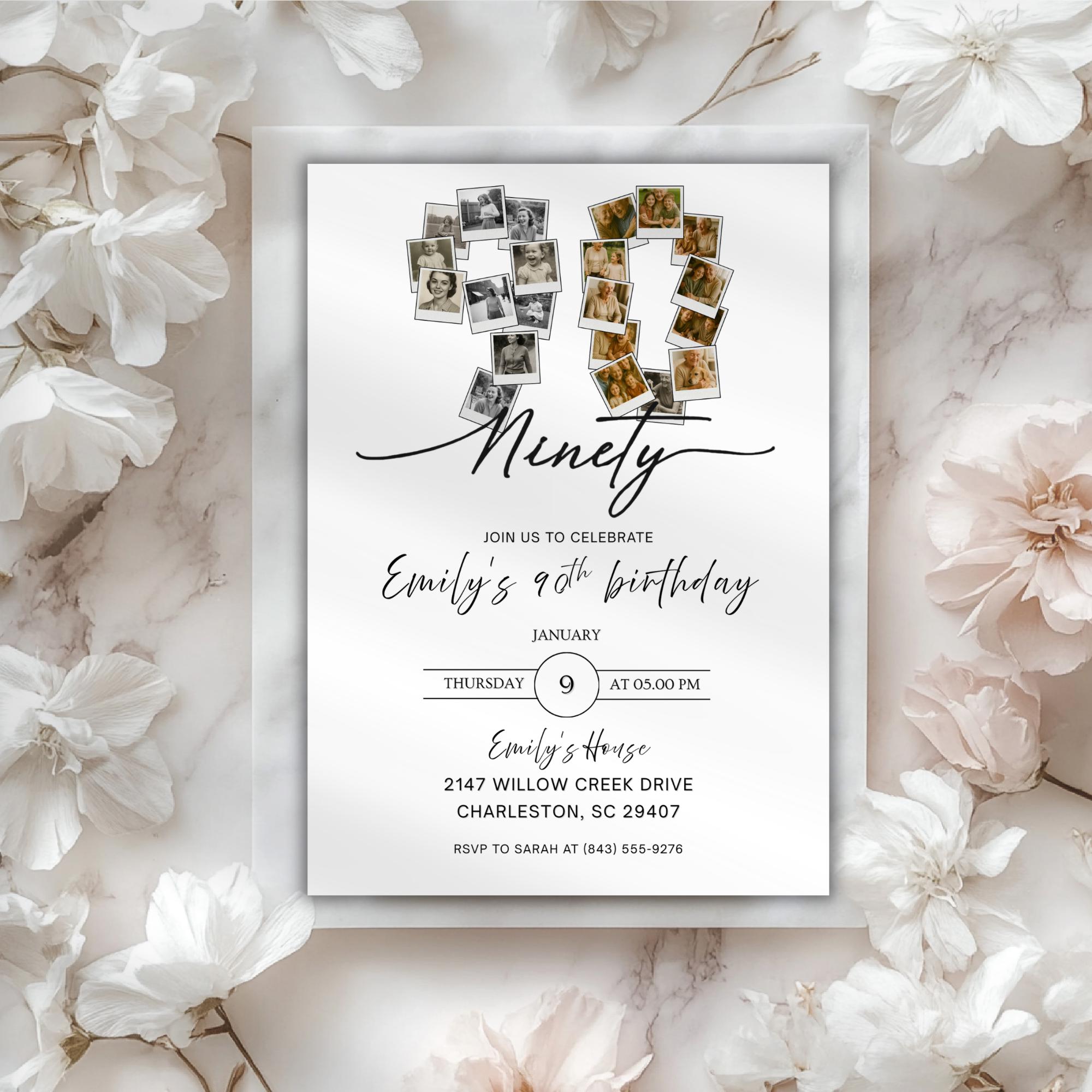 Minimalist Photo Collage Ninety 90th Birthday Invitation