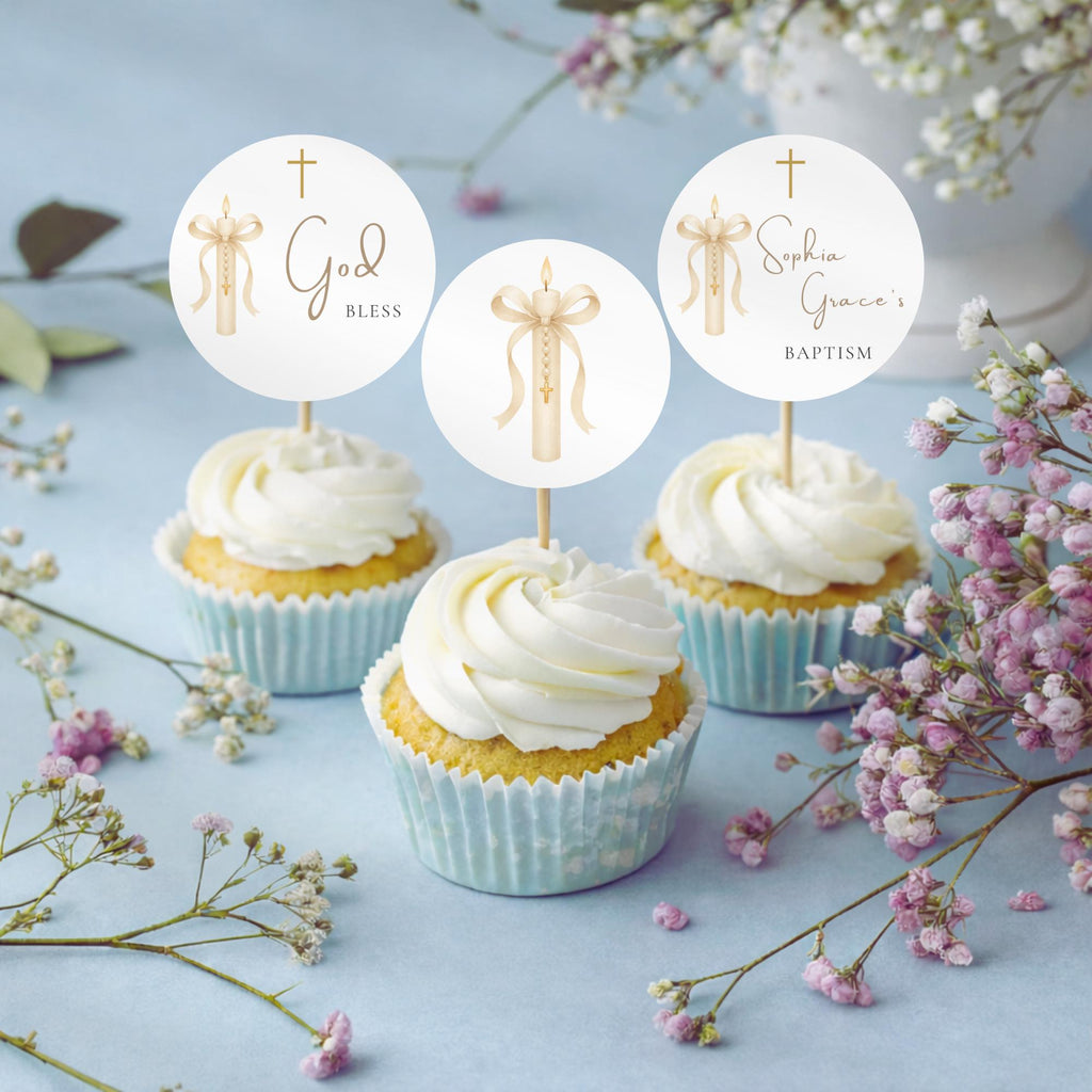 Gold Candle Baptism Cupcake Toppers
