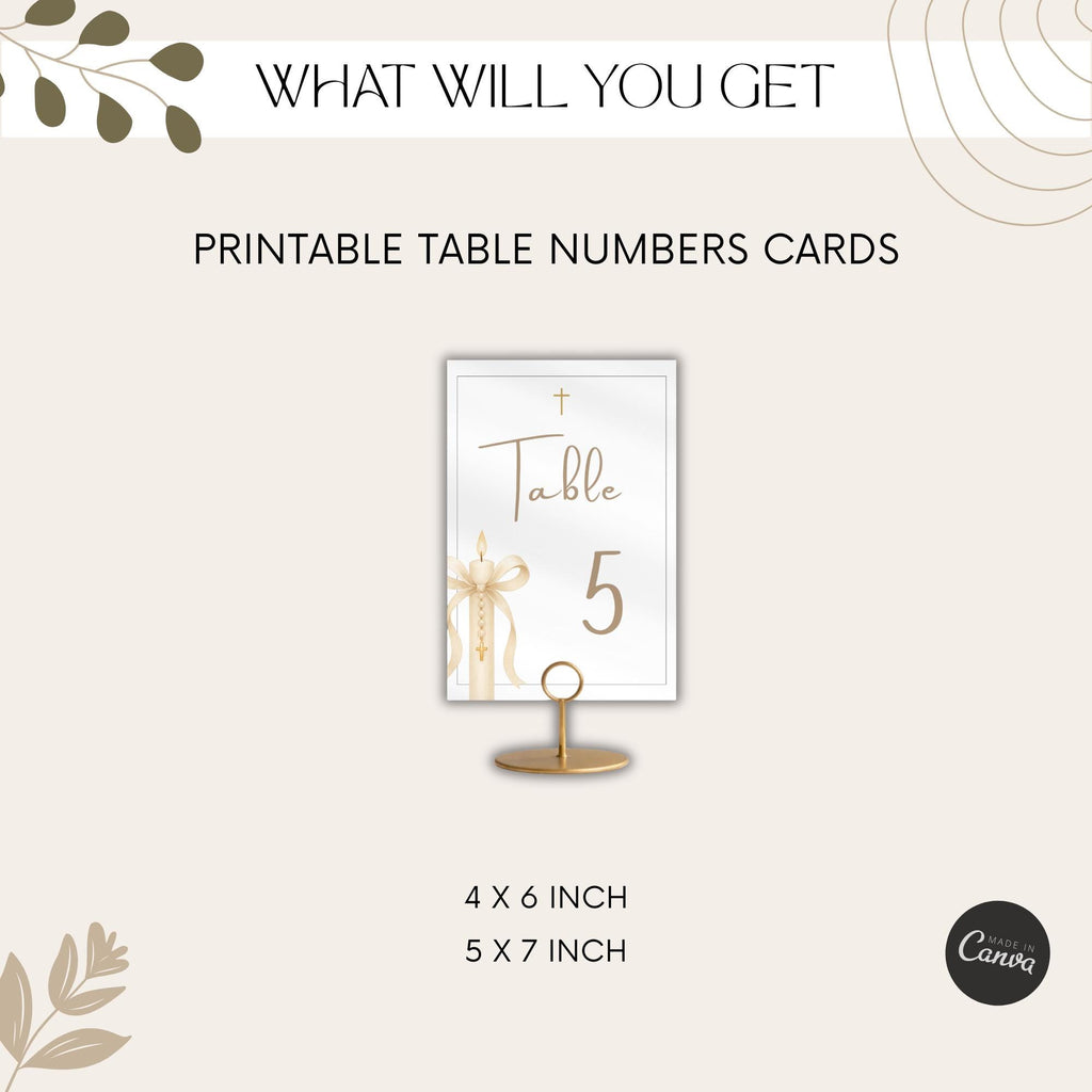 Gold Candle Baptism Table Number Cards