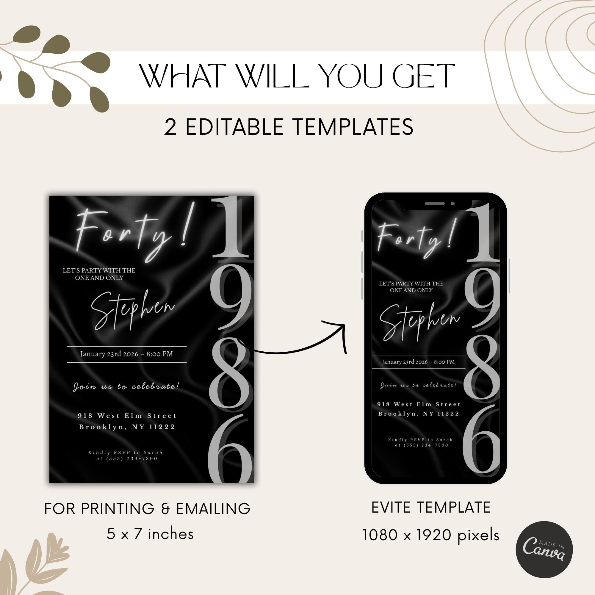 Elegant Black Satin 40th Birthday Invitation 1986