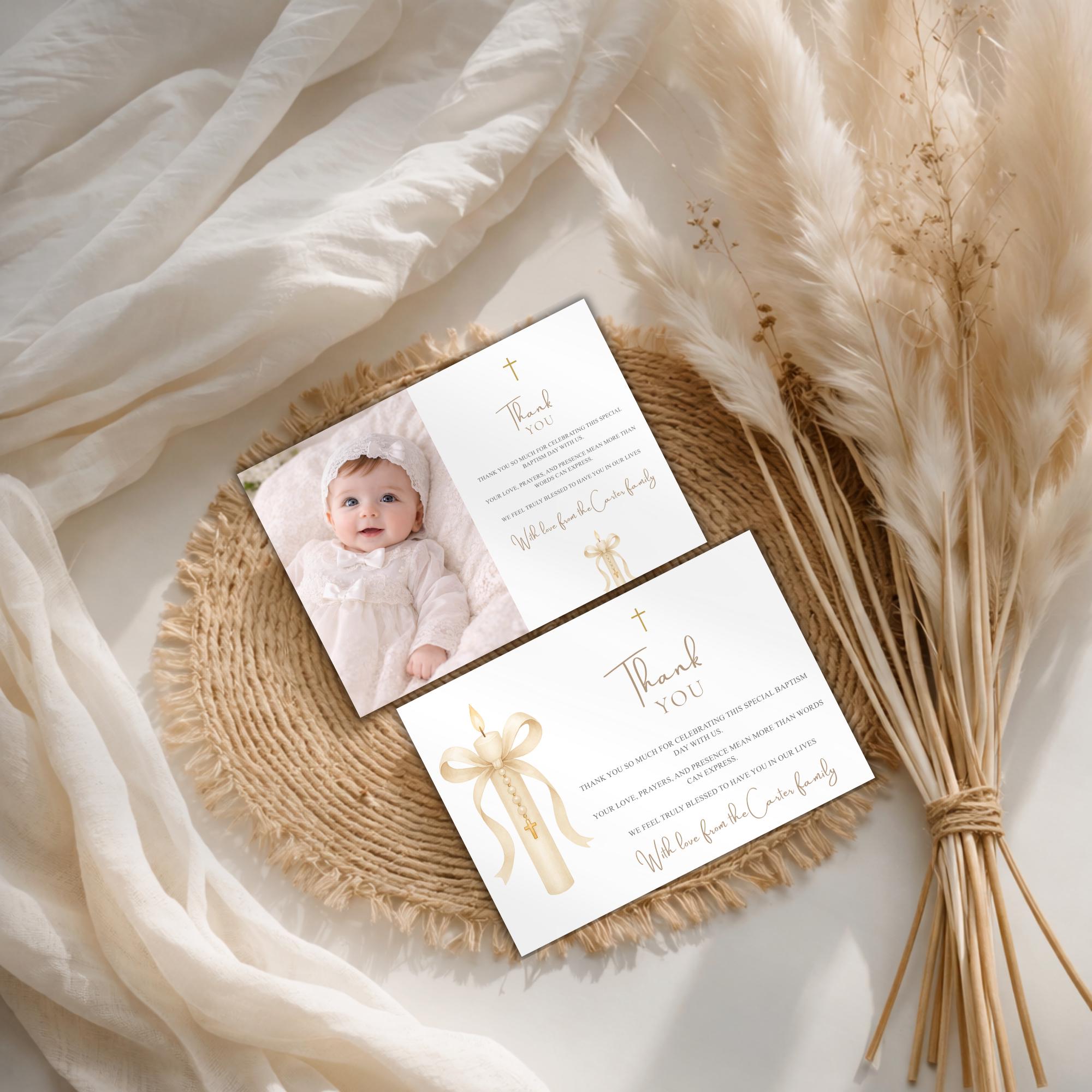 Gold Candle Baptism Photo Thank You Card