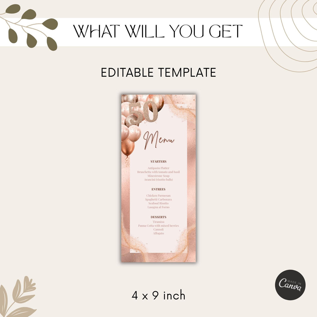 Rose Gold 50th Birthday Menu Card