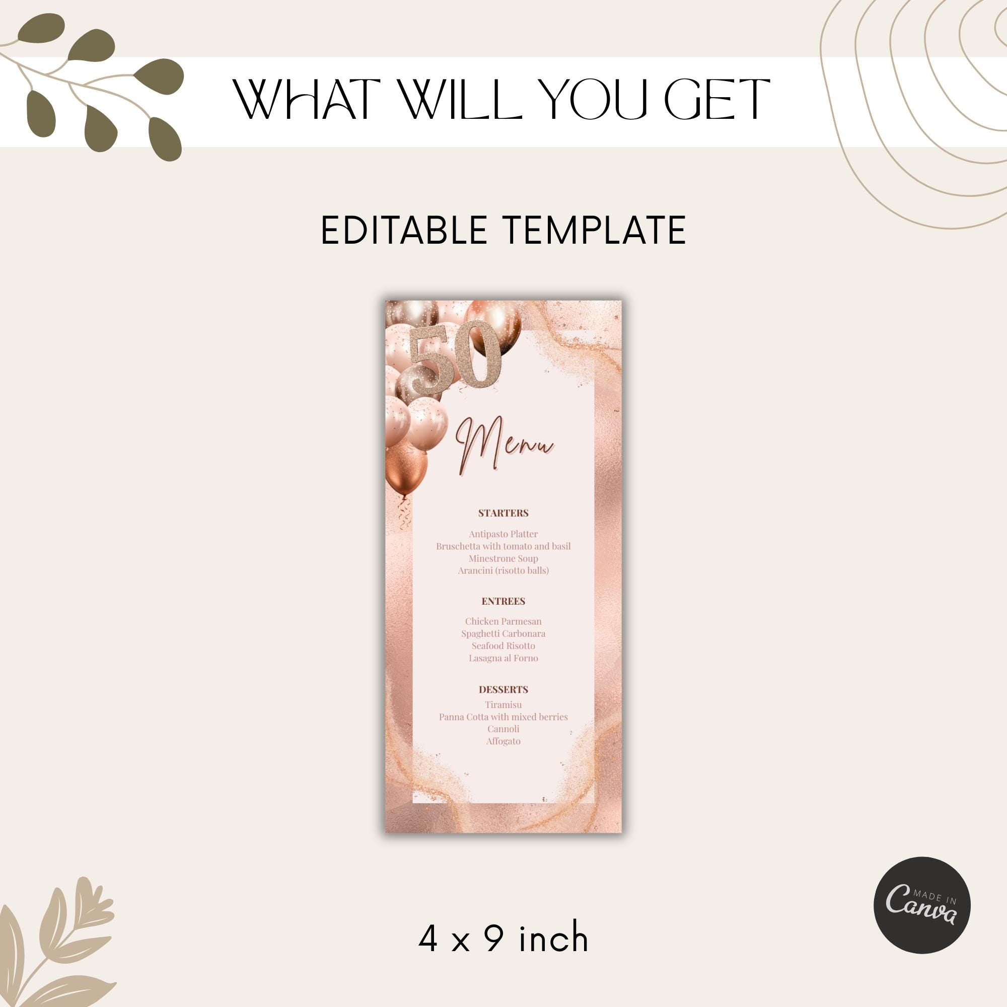 Rose Gold 50th Birthday Menu Card